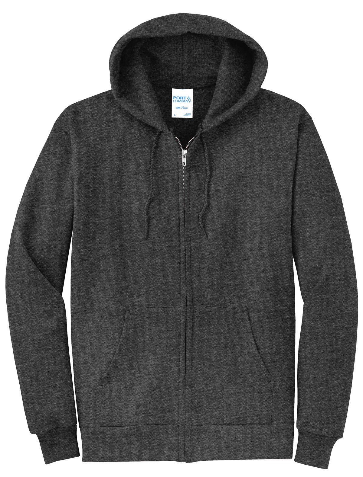 Front View of Dk Hthr Grey Port & Co Core Fleece Full-Zip Hooded Sweatshirt. PC78ZH