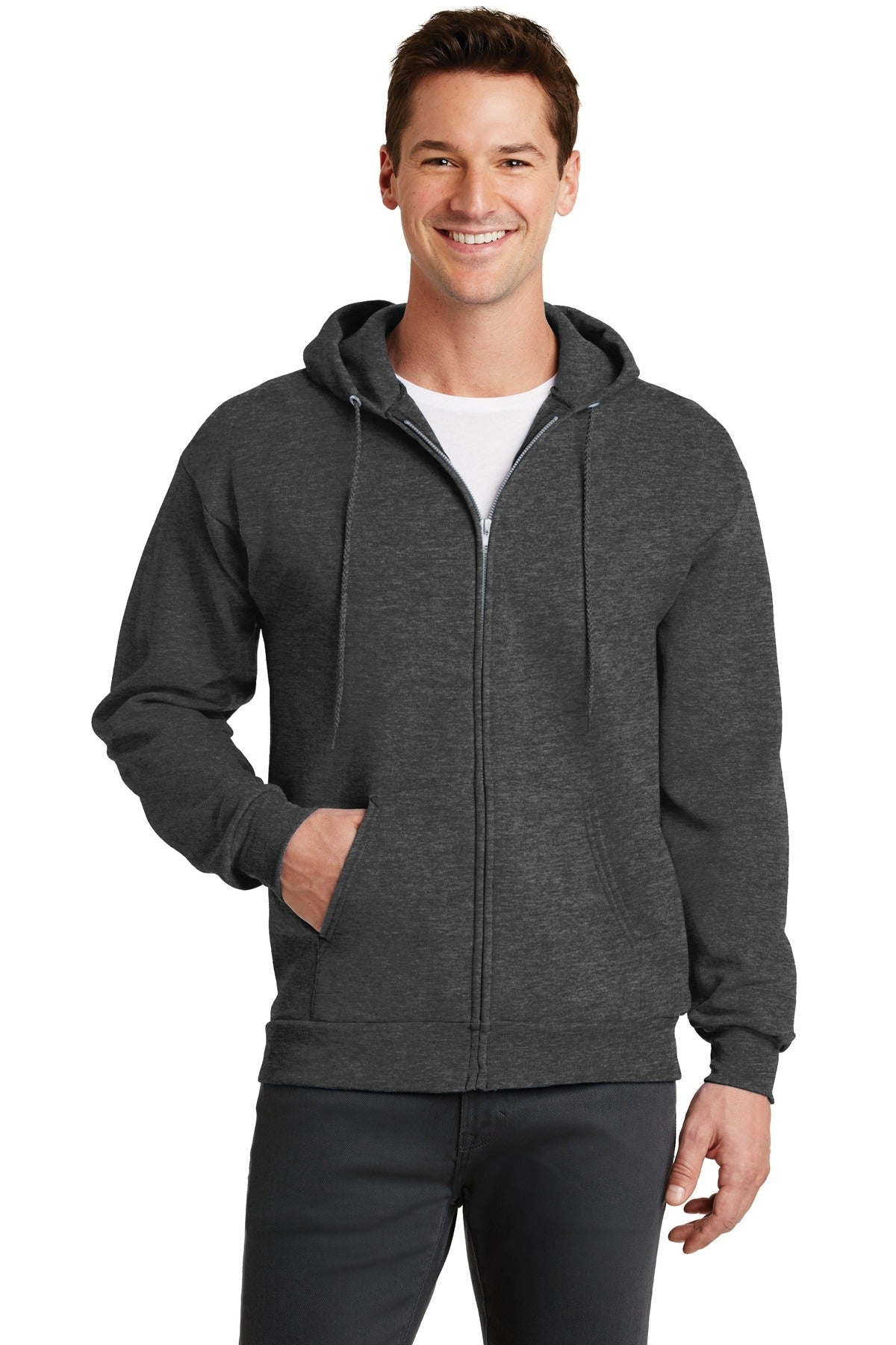 Front View of Dk Hthr Grey Port & Co Core Fleece Full-Zip Hooded Sweatshirt. PC78ZH