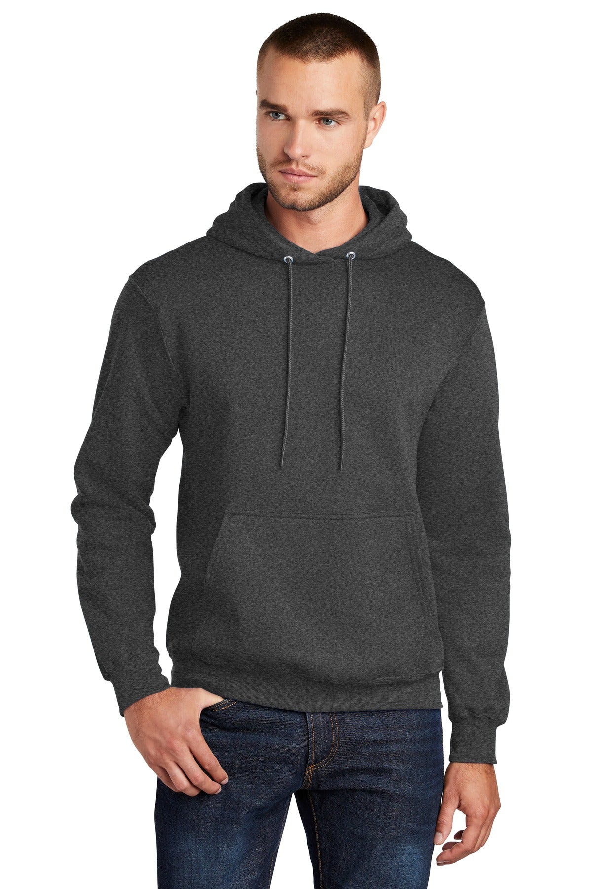 Front View of Dk Hthr Grey Port & Co Core Fleece Pullover Hooded Sweatshirt. PC78H