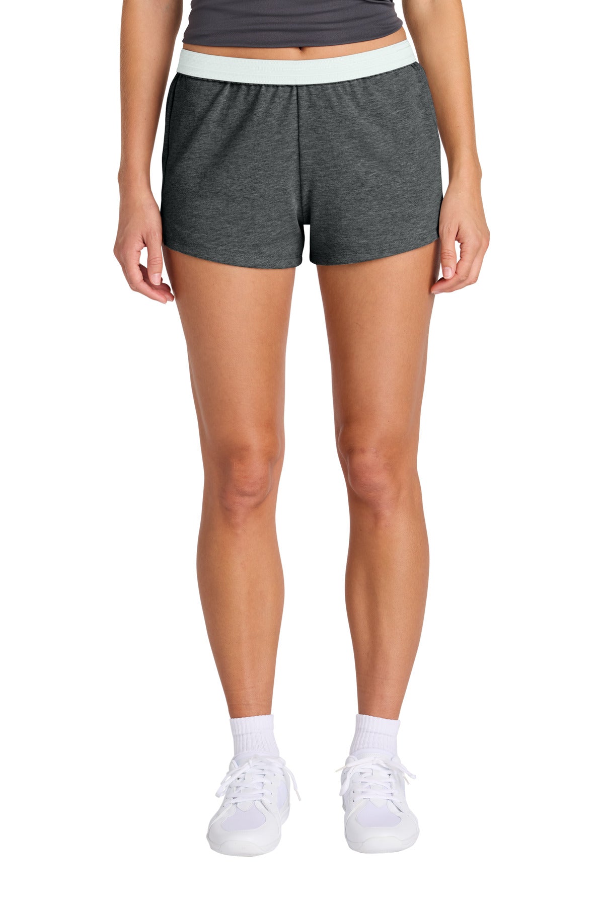 Front View of DkGyHthr Sport-Tek Women's Jersey Knit Squad Short LST311