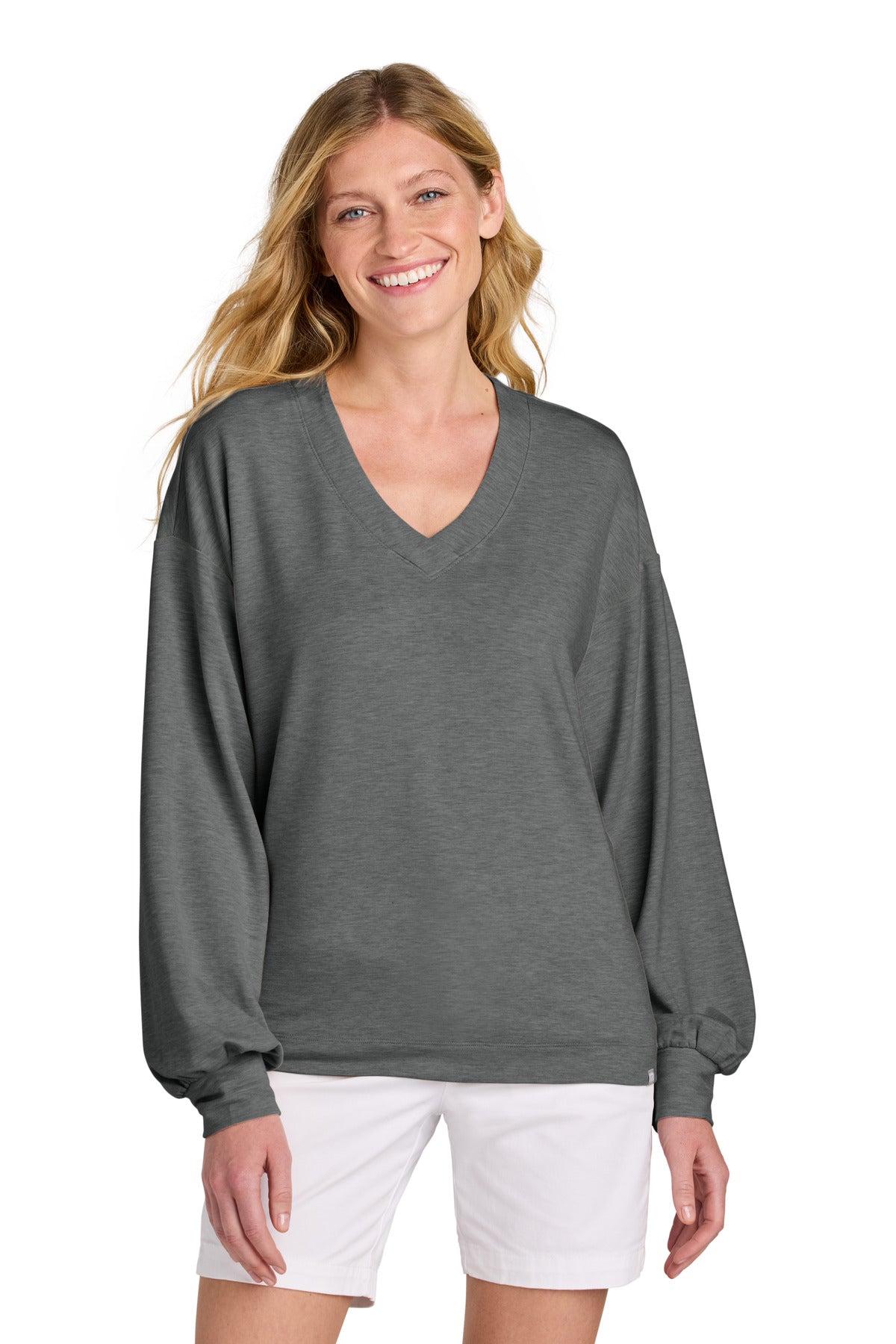 Front View of DkGyHthr TravisMathew Women's Long Weekend V-Neck TM1LD009