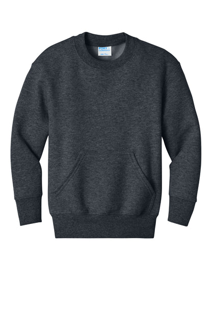Front View of DkHtGry Port & Co Youth Core Fleece Crewneck Pocket Sweatshirt PC78YPKT