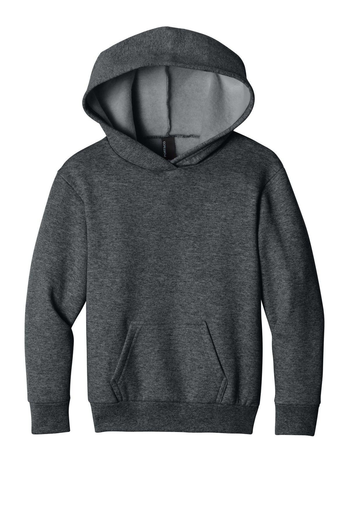 Front View of DkHtGry Port & Co Youth Easy Fleece Pullover Hooded Sweatshirt PC68YH