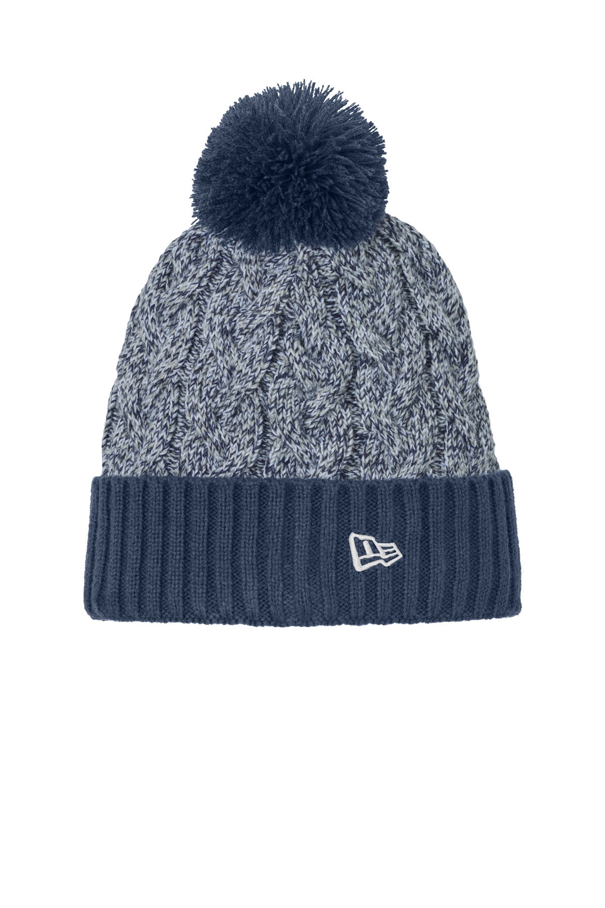 Front View of DNv/Gy/Wht New Era Marled Knit Pom Beanie NE910