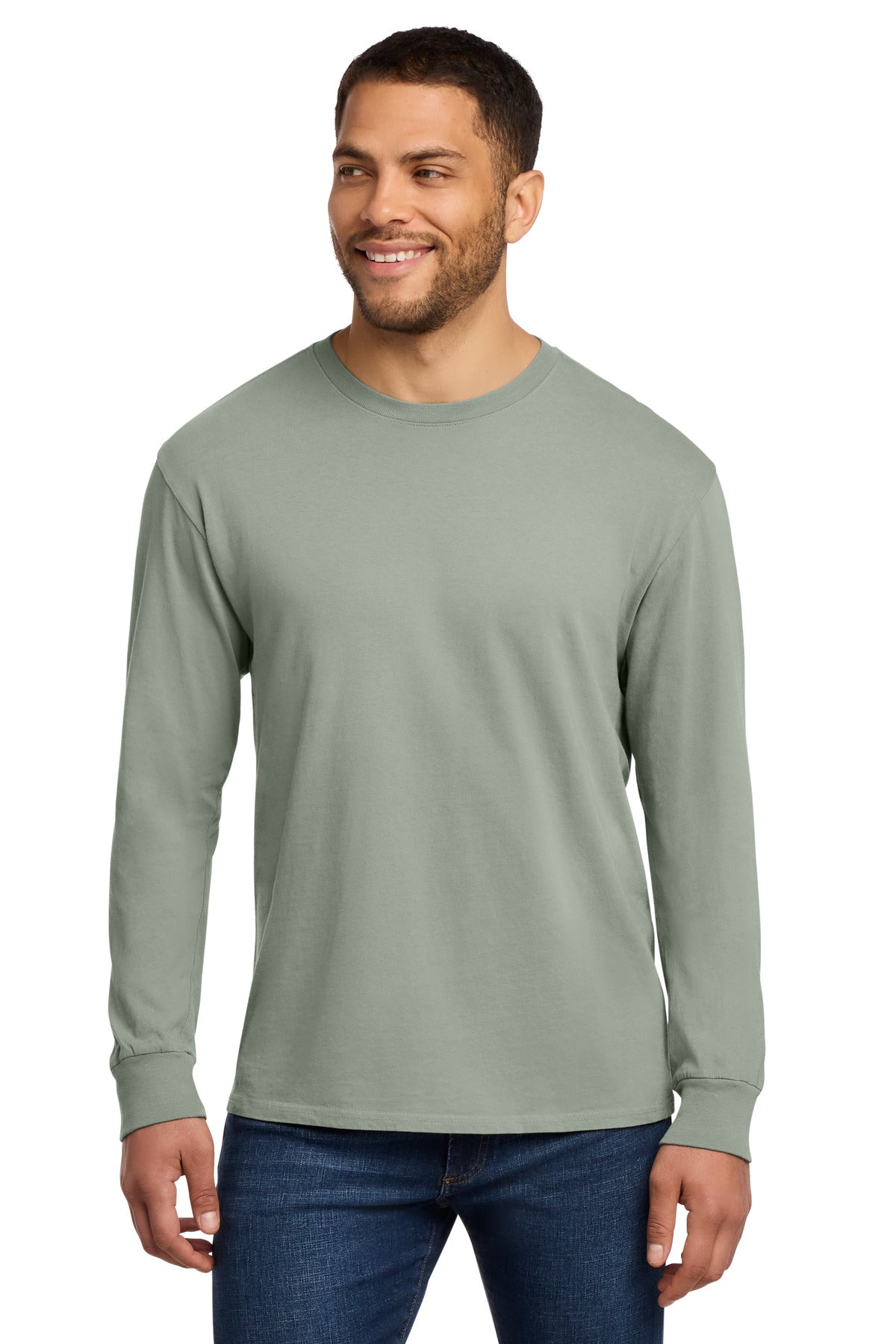 Front View of DoveGrey Port & Co Beach Wash Garment-Dyed Long Sleeve Tee PC099LS