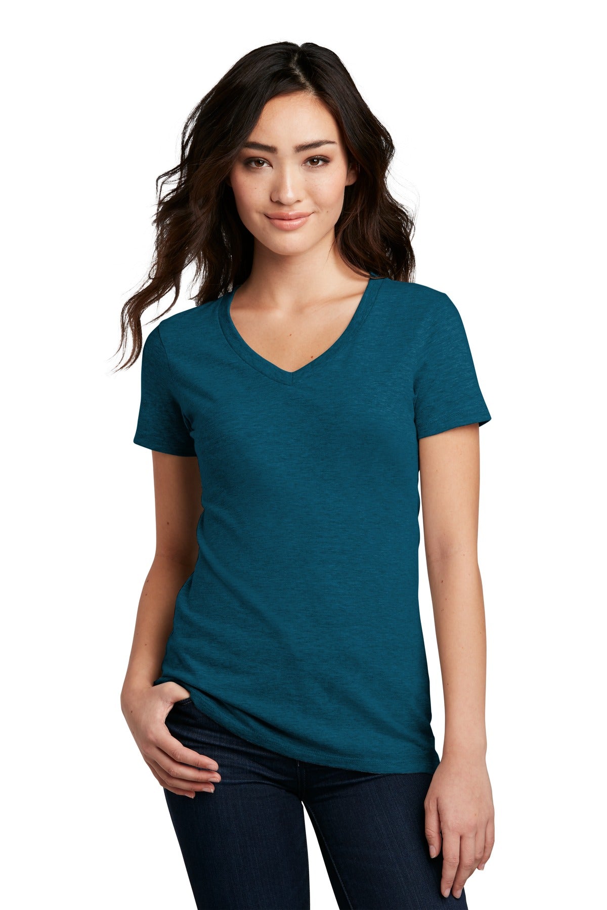 Front View of Dp Turqu Fleck District Women's Perfect Blend CVC V-Neck Tee. DM1190L