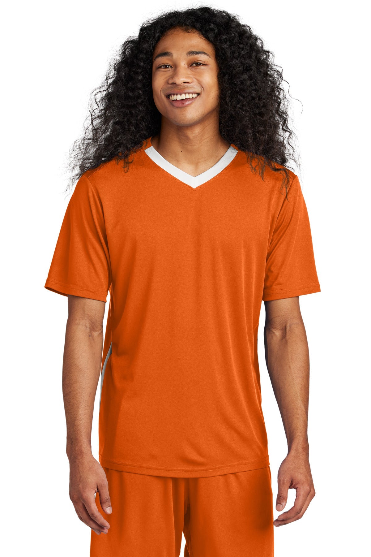 Front View of DpOr/White Sport-Tek Competitor United V-Neck ST101