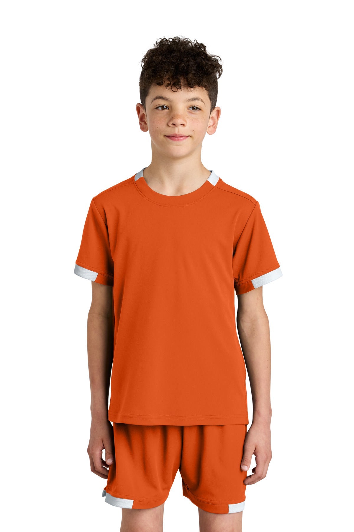 Front View of DpOr/White Sport-Tek Youth Club Short Sleeve Crew YST440