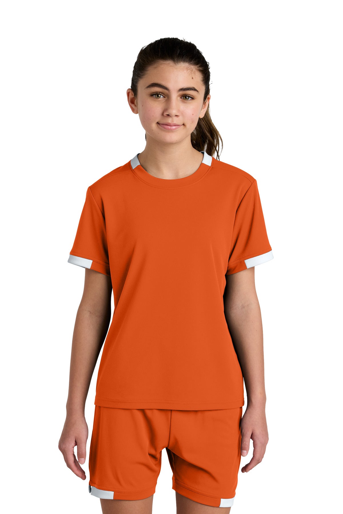 Front View of DpOr/White Sport-Tek Youth Club Short Sleeve Crew YST440