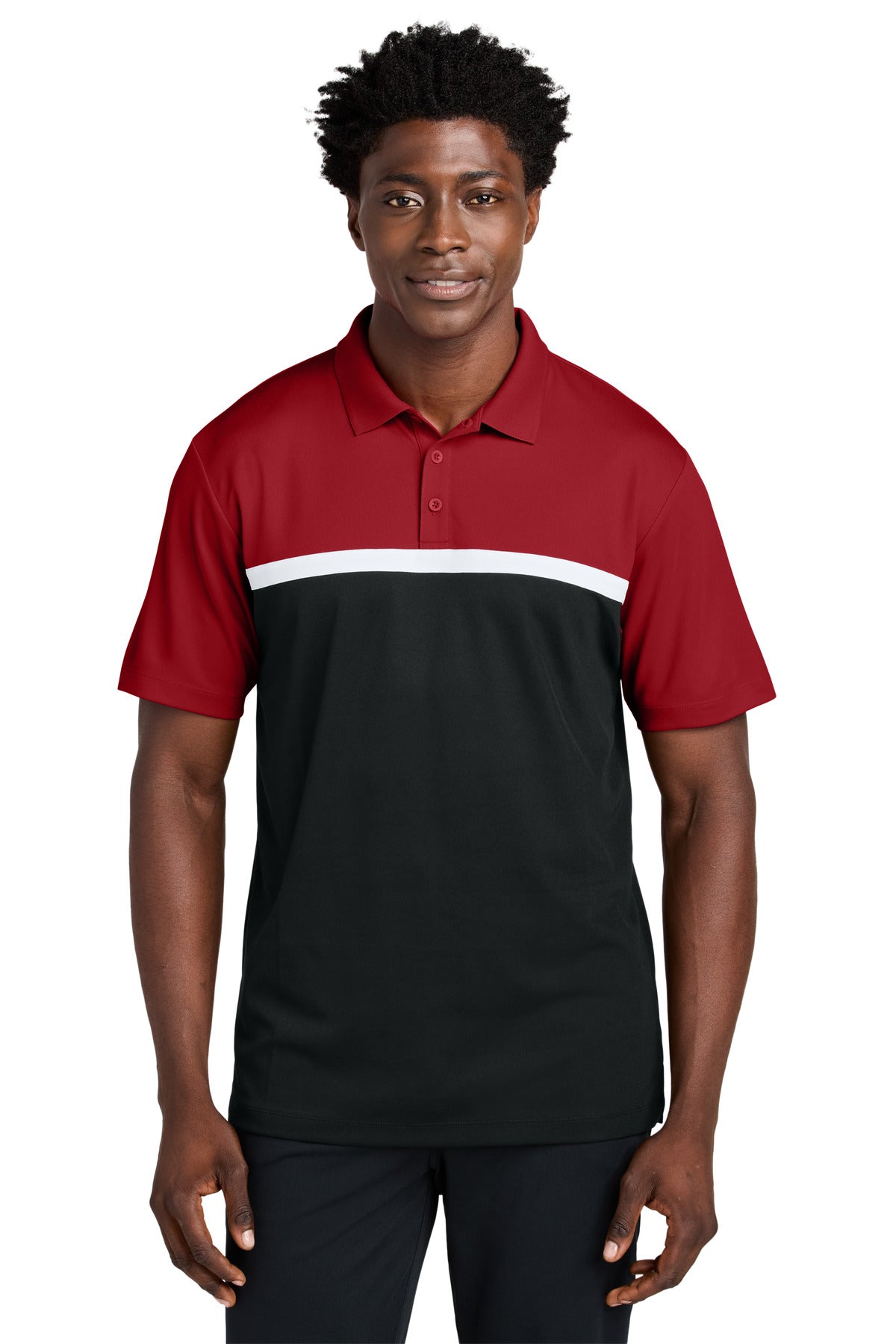 Front View of DpR/Bk/Wht Sport-Tek UV Micropique Colorblock Polo ST741
