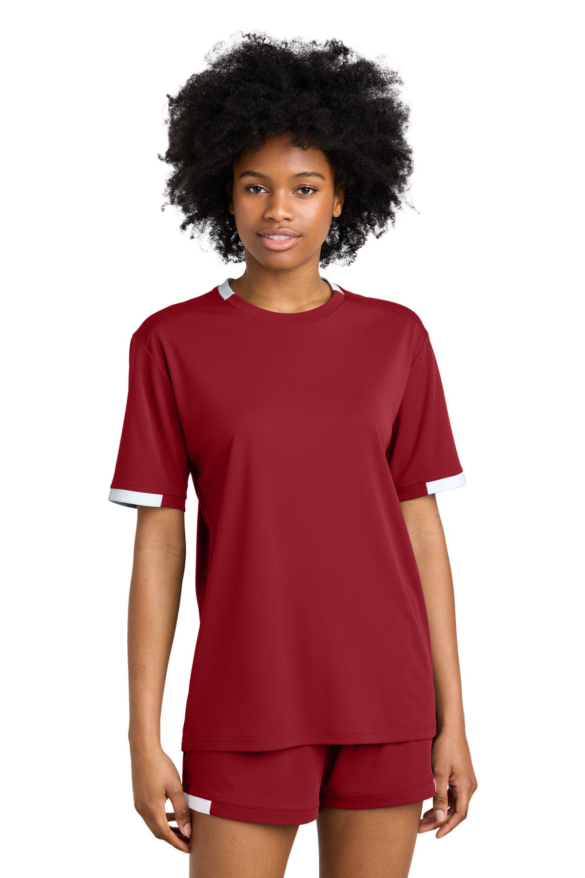 Front View of DpRd/Wht Sport-Tek Club Short Sleeve Crew ST440