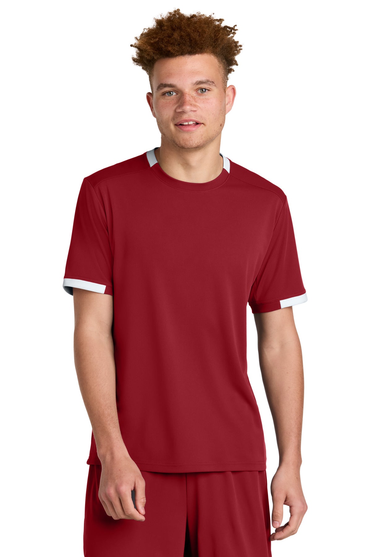 Front View of DpRd/Wht Sport-Tek Club Short Sleeve Crew ST440