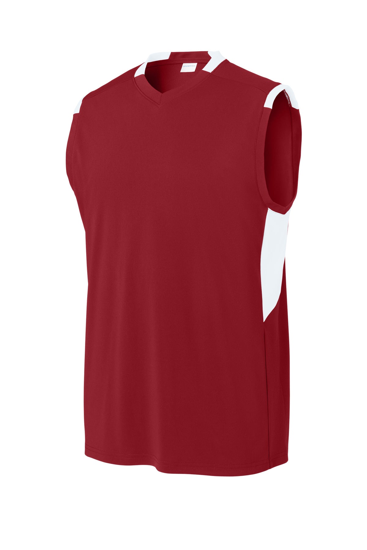 Front View of DpRd/Wht Sport-Tek Club Sleeveless V-Neck ST441