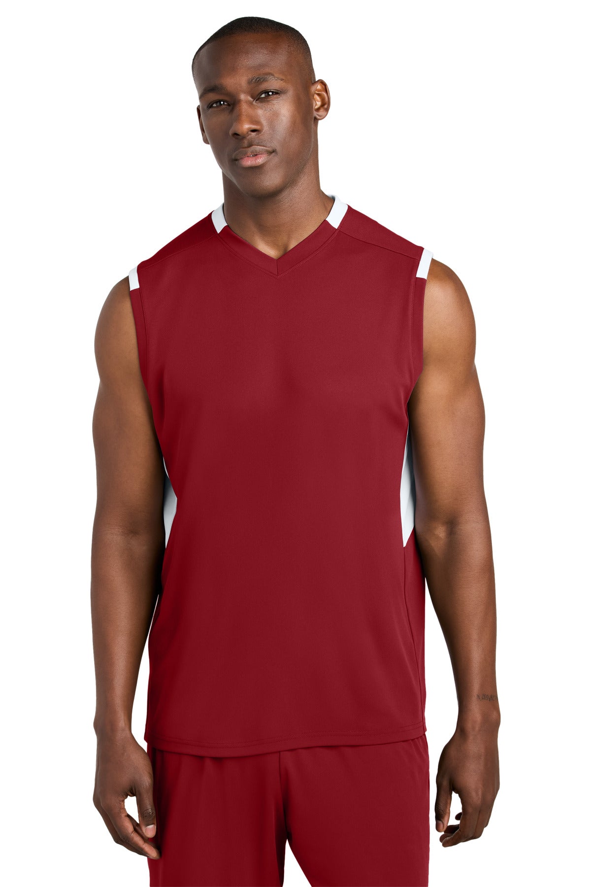 Front View of DpRd/Wht Sport-Tek Club Sleeveless V-Neck ST441