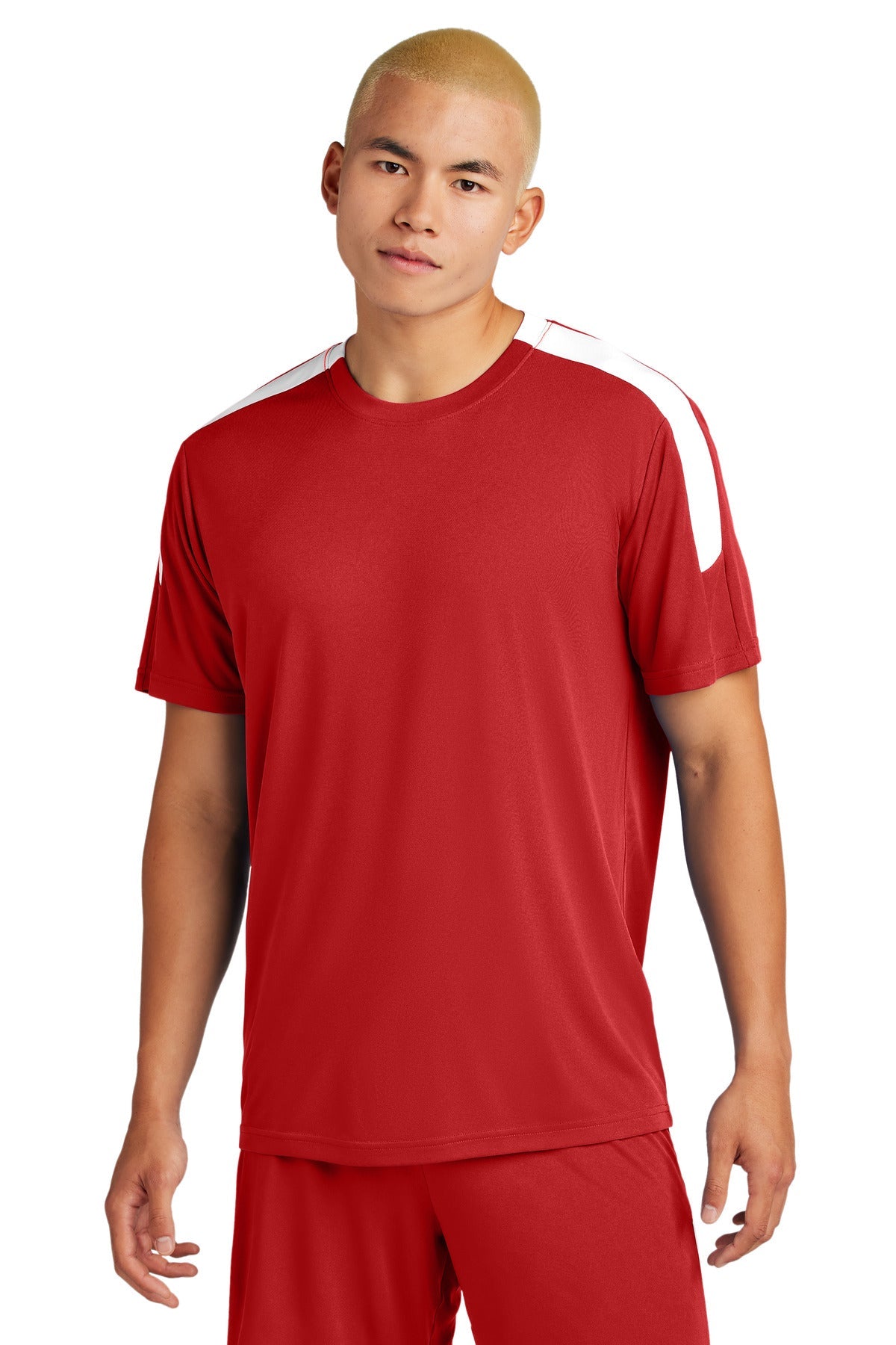 Front View of DpRd/Wht Sport-Tek Competitor United Crew ST100