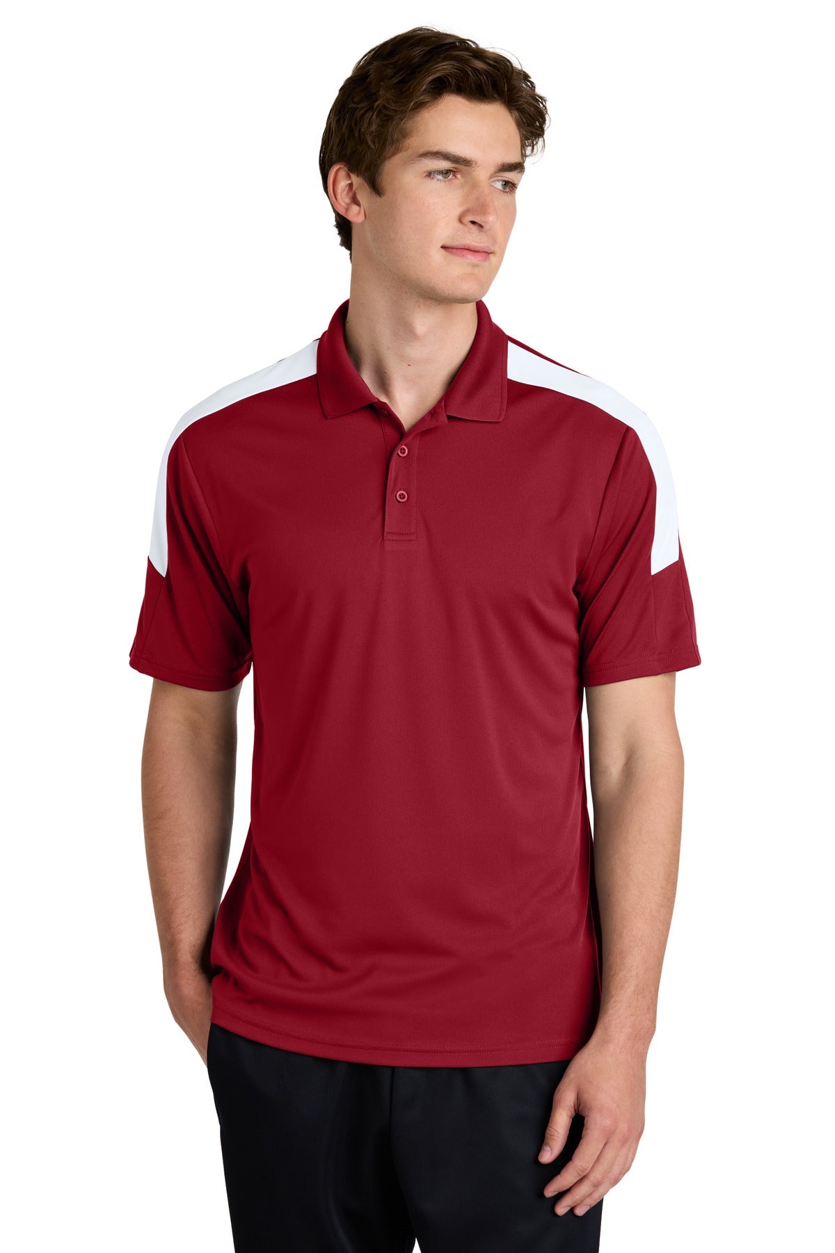 Front View of DpRd/Wht Sport-Tek Competitor United Polo ST104