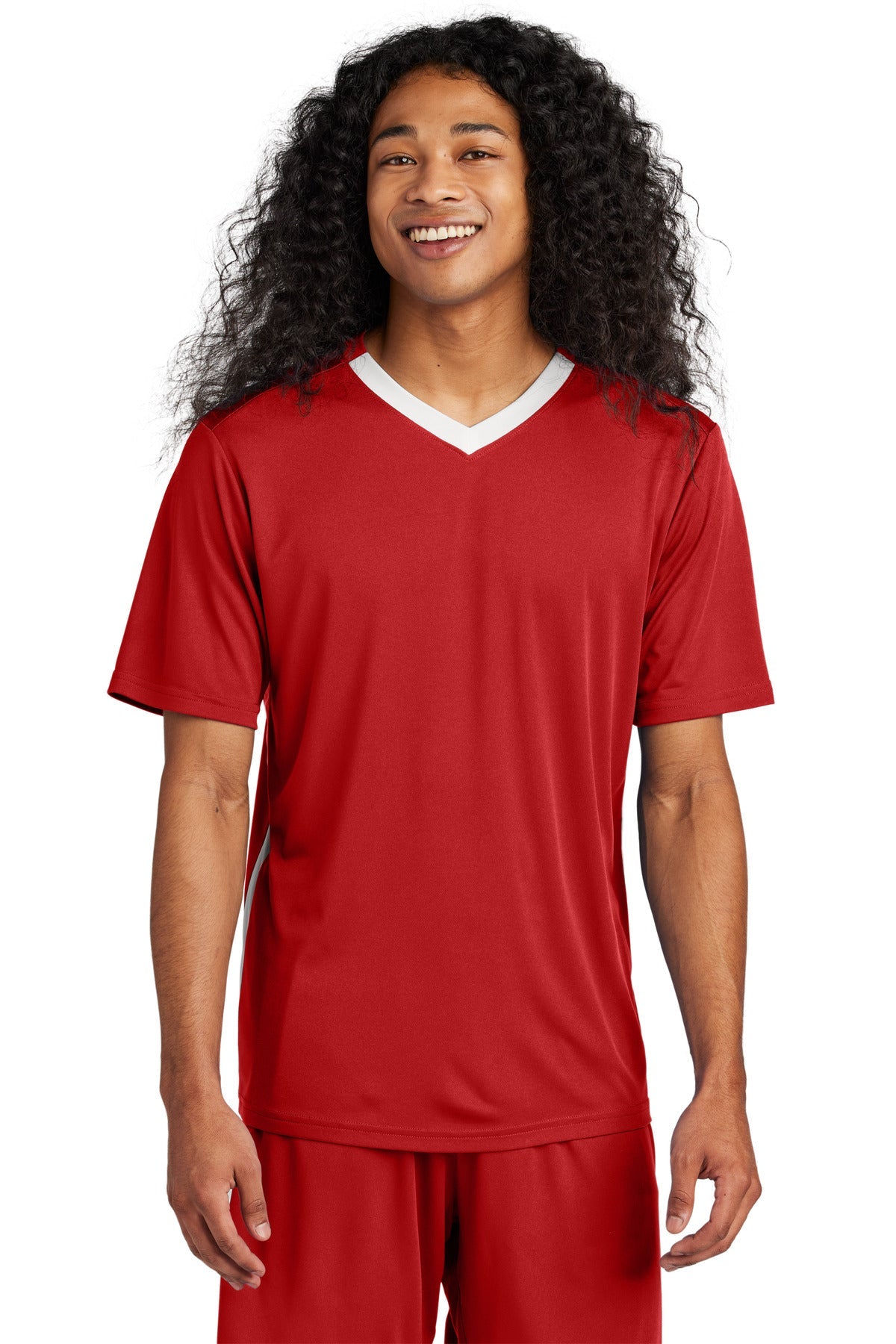 Front View of DpRd/Wht Sport-Tek Competitor United V-Neck ST101