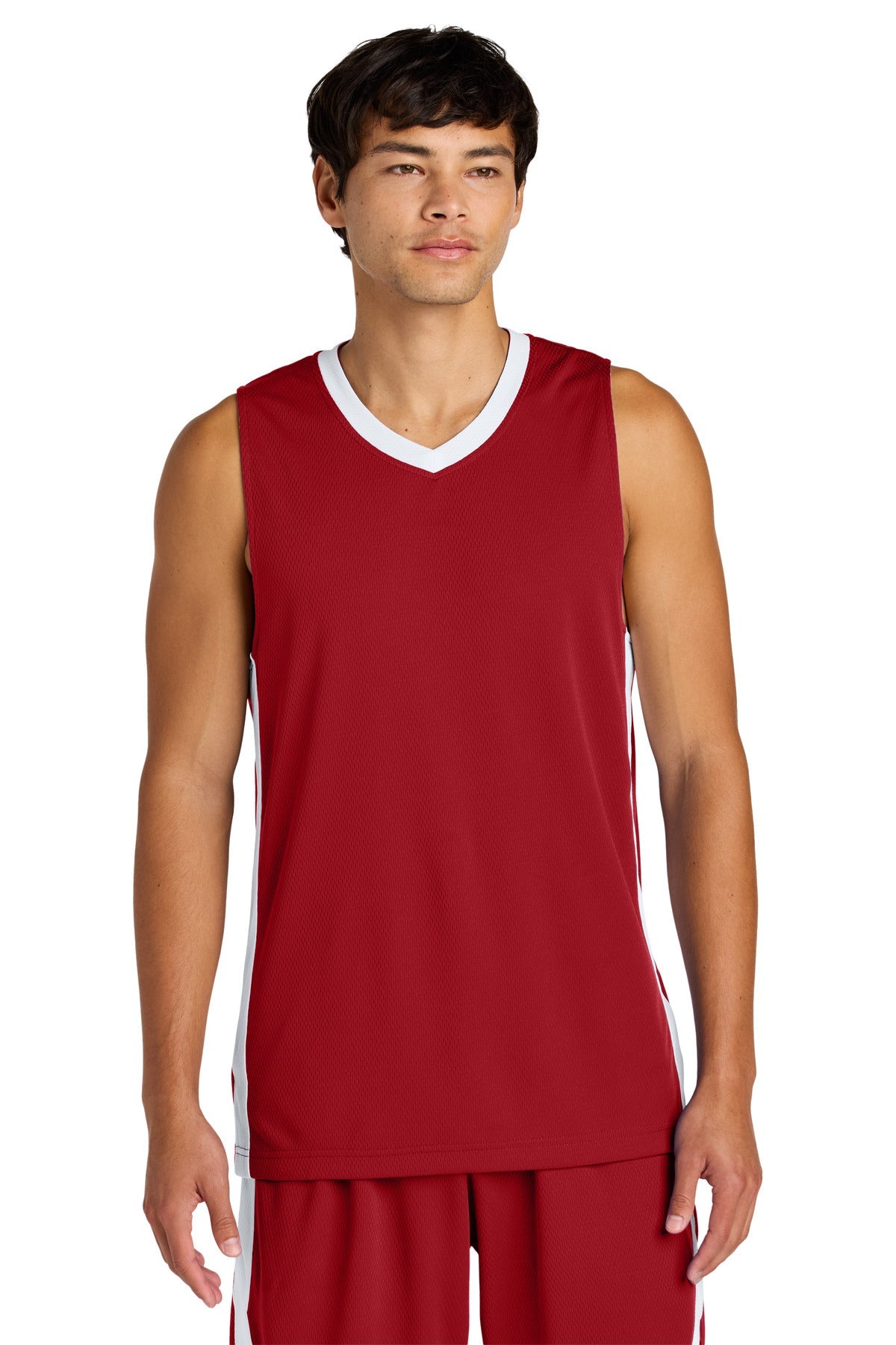 Front View of DpRd/Wht Sport-Tek Rival Basketball Rev Jersey ST900