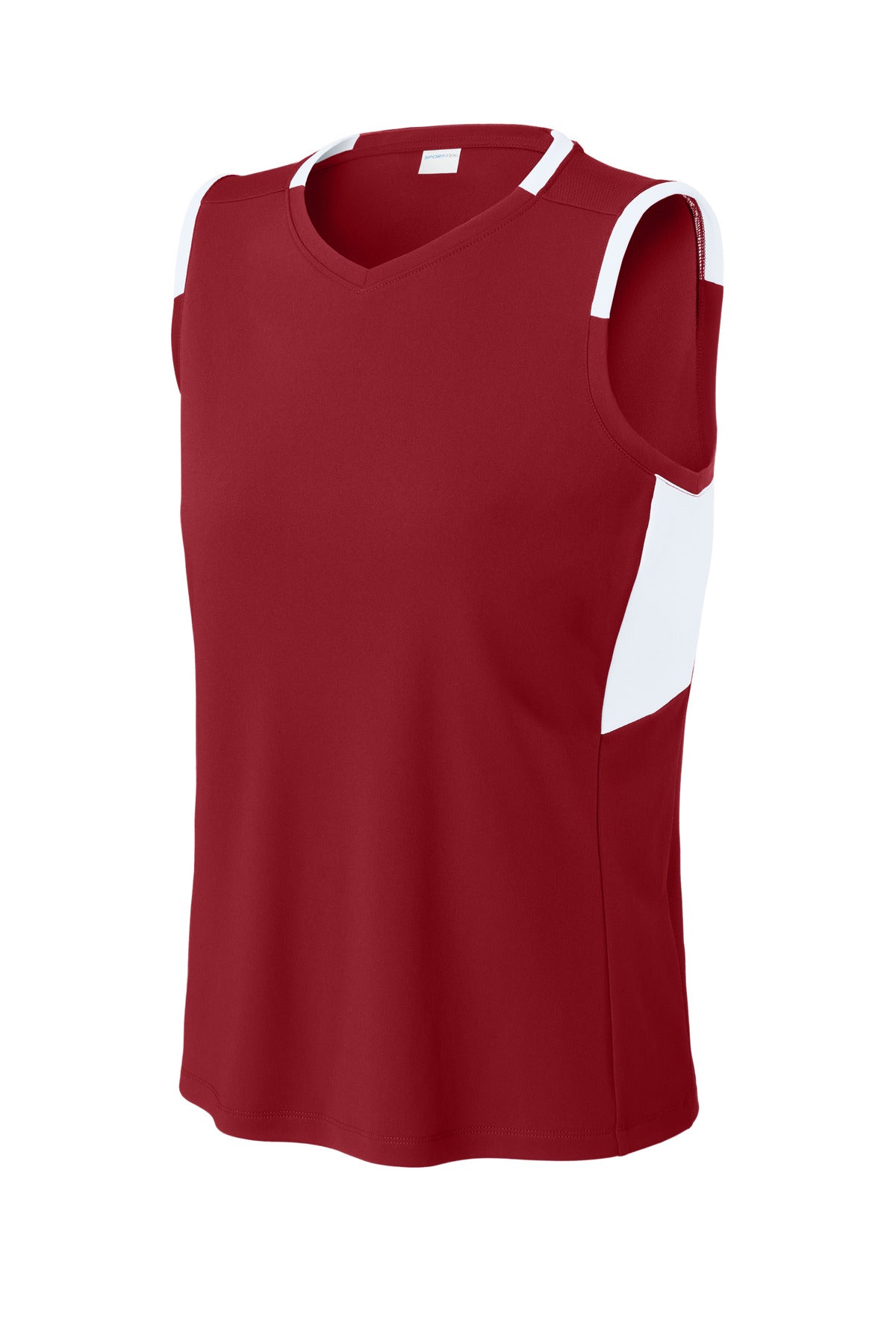 Front View of DpRd/Wht Sport-Tek Women's Club Sleeveless V-Neck LST441