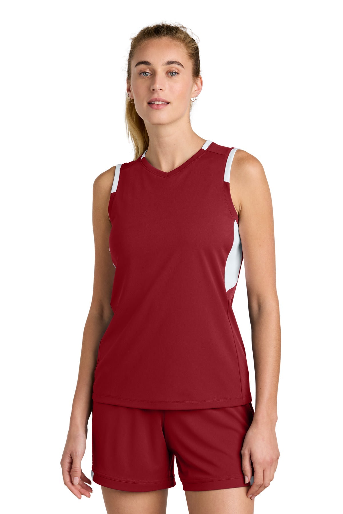 Front View of DpRd/Wht Sport-Tek Women's Club Sleeveless V-Neck LST441