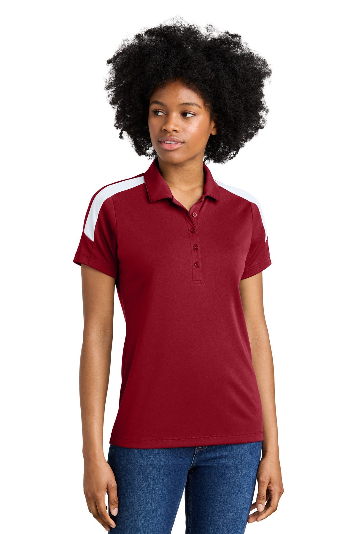 Front View of DpRd/Wht Sport-Tek Women's Competitor United Polo LST104
