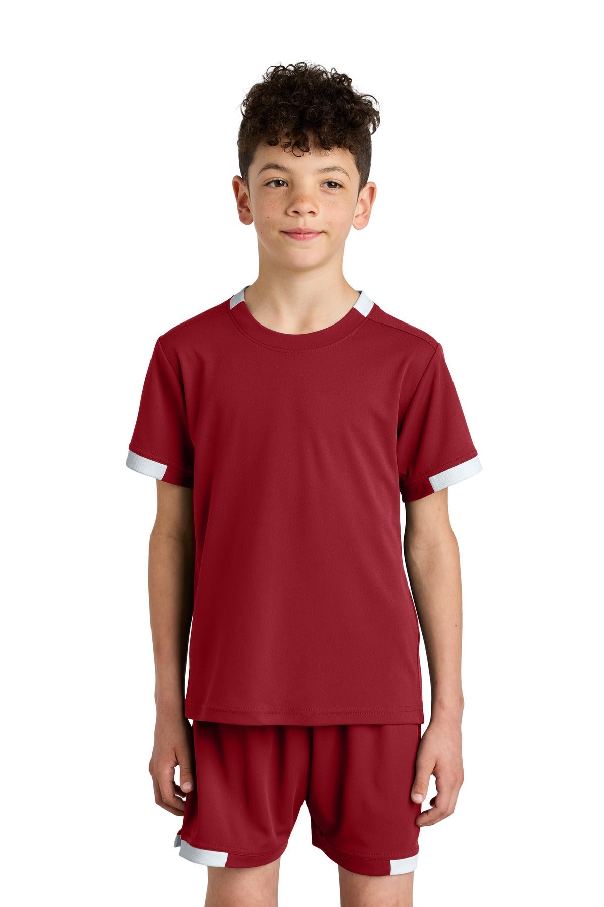 Front View of DpRd/Wht Sport-Tek Youth Club Short Sleeve Crew YST440