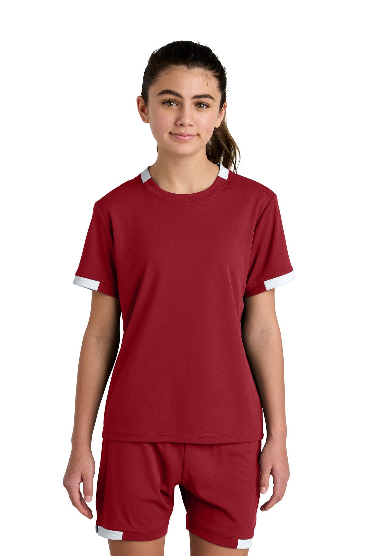 Front View of DpRd/Wht Sport-Tek Youth Club Short Sleeve Crew YST440