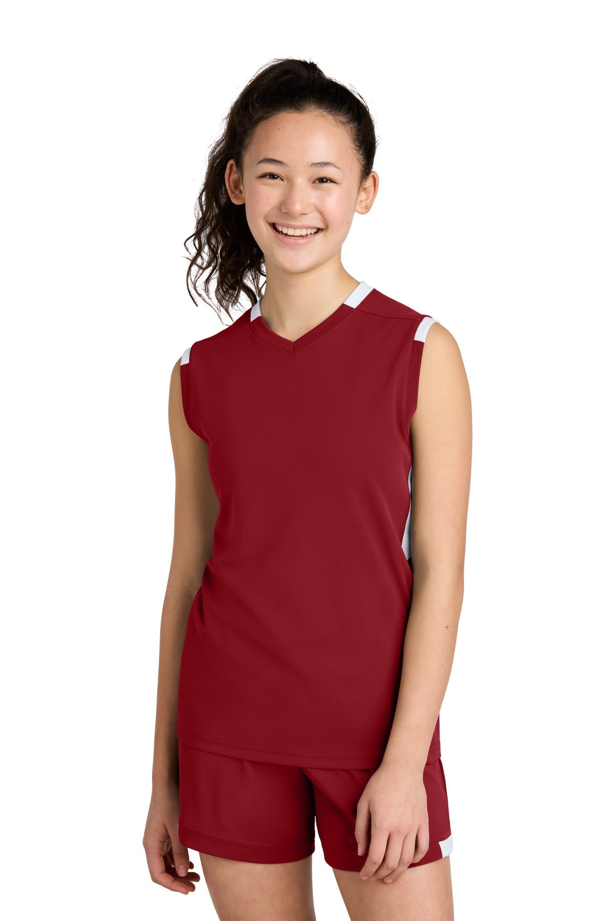 Front View of DpRd/Wht Sport-Tek Youth Club Sleeveless V-Neck YST441