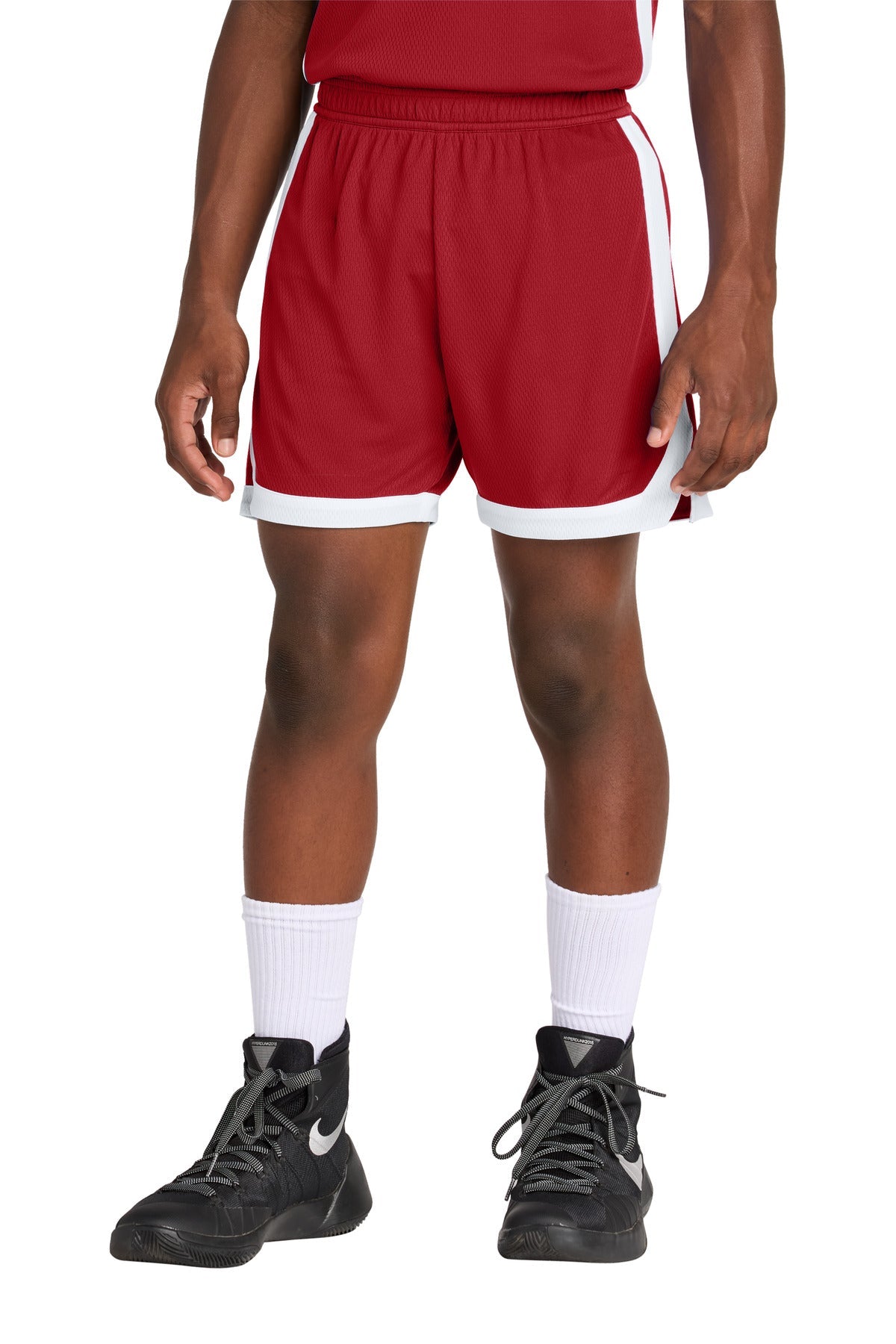 Front View of DpRd/Wht Sport-Tek Youth Rival Basketball 5" Short YST901