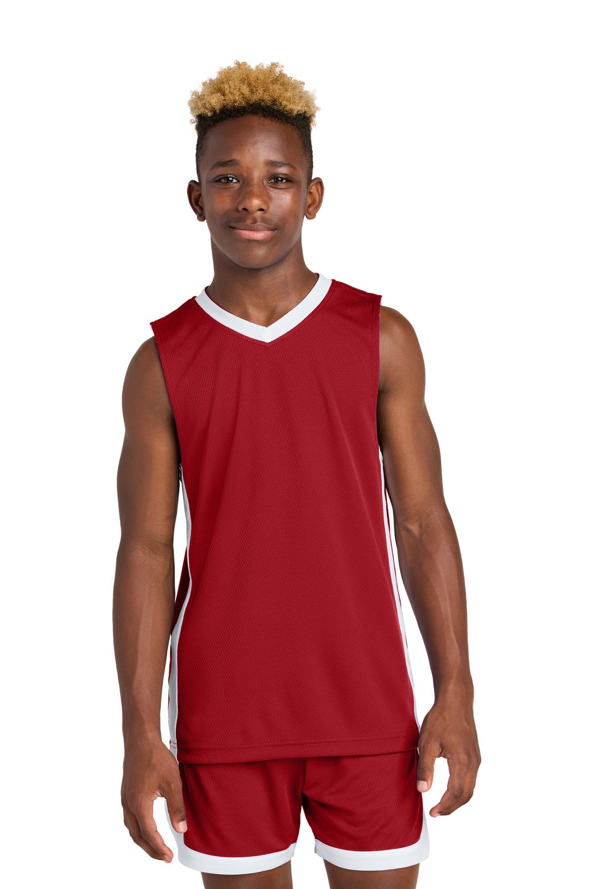 Front View of DpRd/Wht Sport-Tek Youth Rival Basketball Rev Jersey YST900