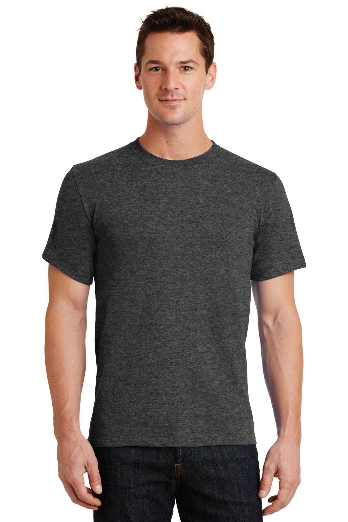 Front View of Drk Hthr Grey Port & Co Essential Tee. PC61
