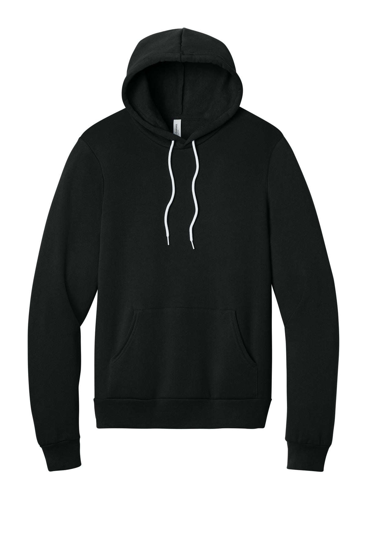 Front View of DTG Black BELLA+CANVAS Unisex Sponge Fleece Pullover Hoodie. BC3719