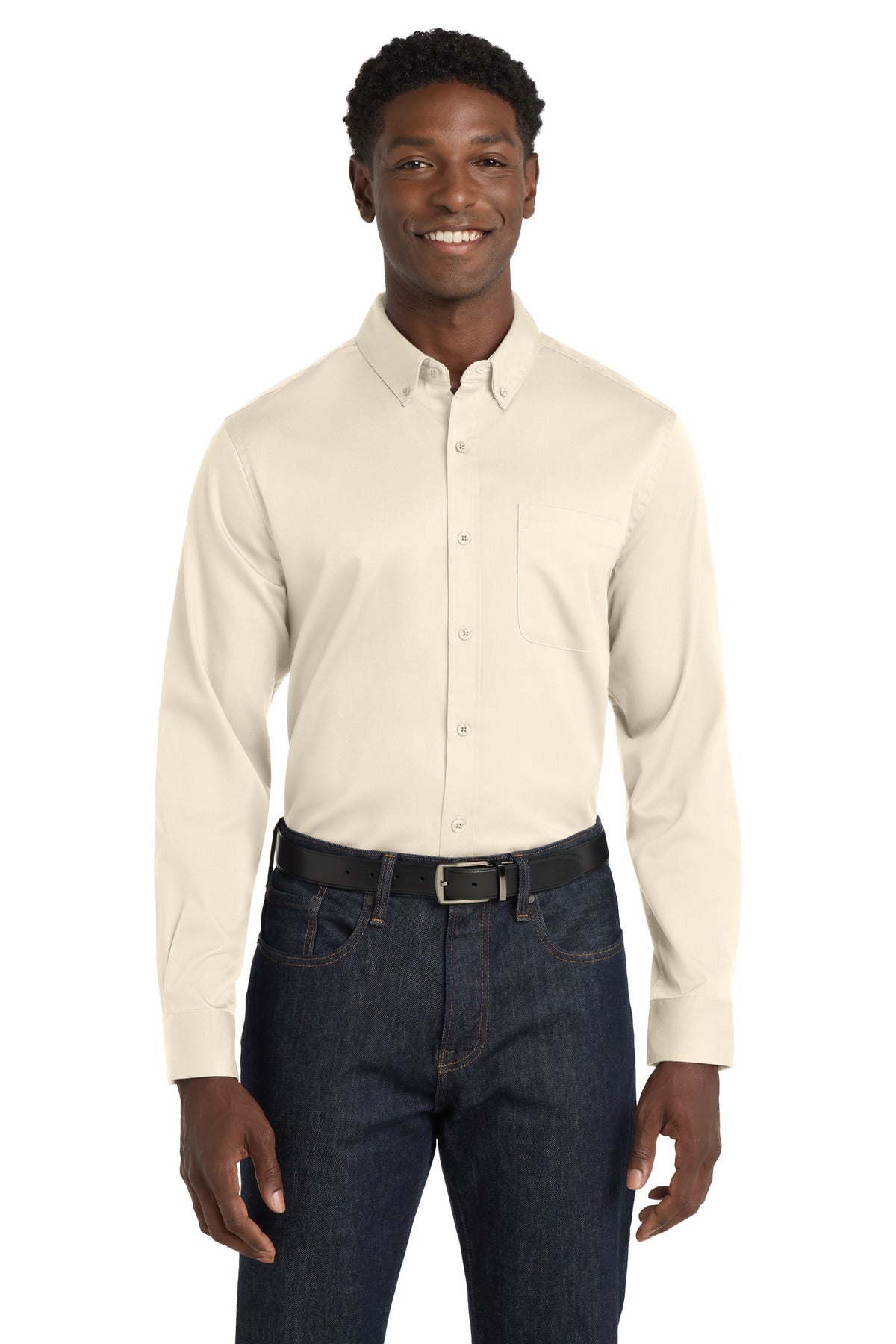 Front View of Ecru Port Authority Long Sleeve SuperPro React Twill Shirt. W808