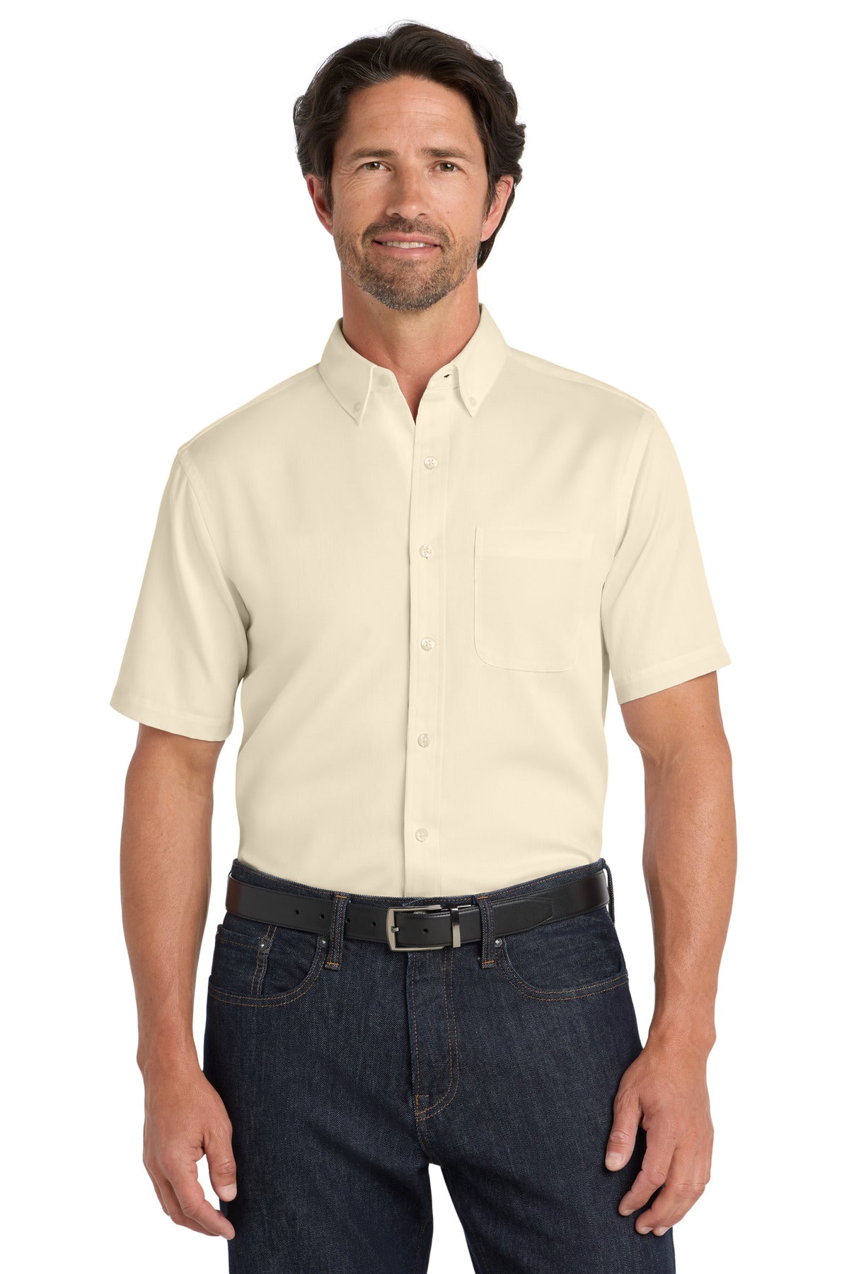Front View of Ecru Port Authority Short Sleeve SuperPro React Twill Shirt. W809
