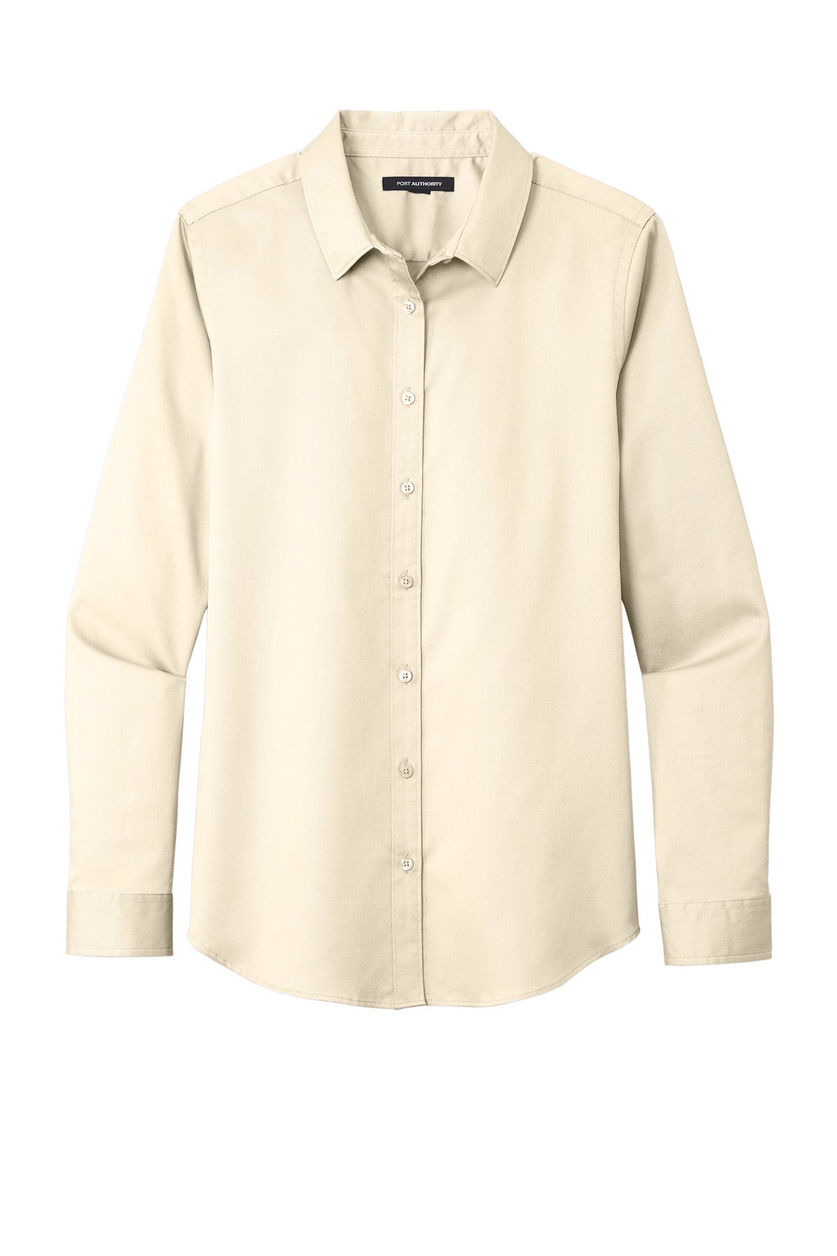 Front View of Ecru Port Authority Women's Long Sleeve SuperPro React Twill Shirt. LW808