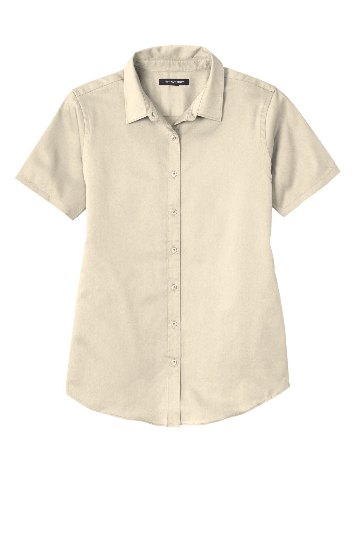 Front View of Ecru Port Authority Women's Short Sleeve SuperPro React Twill Shirt. LW809
