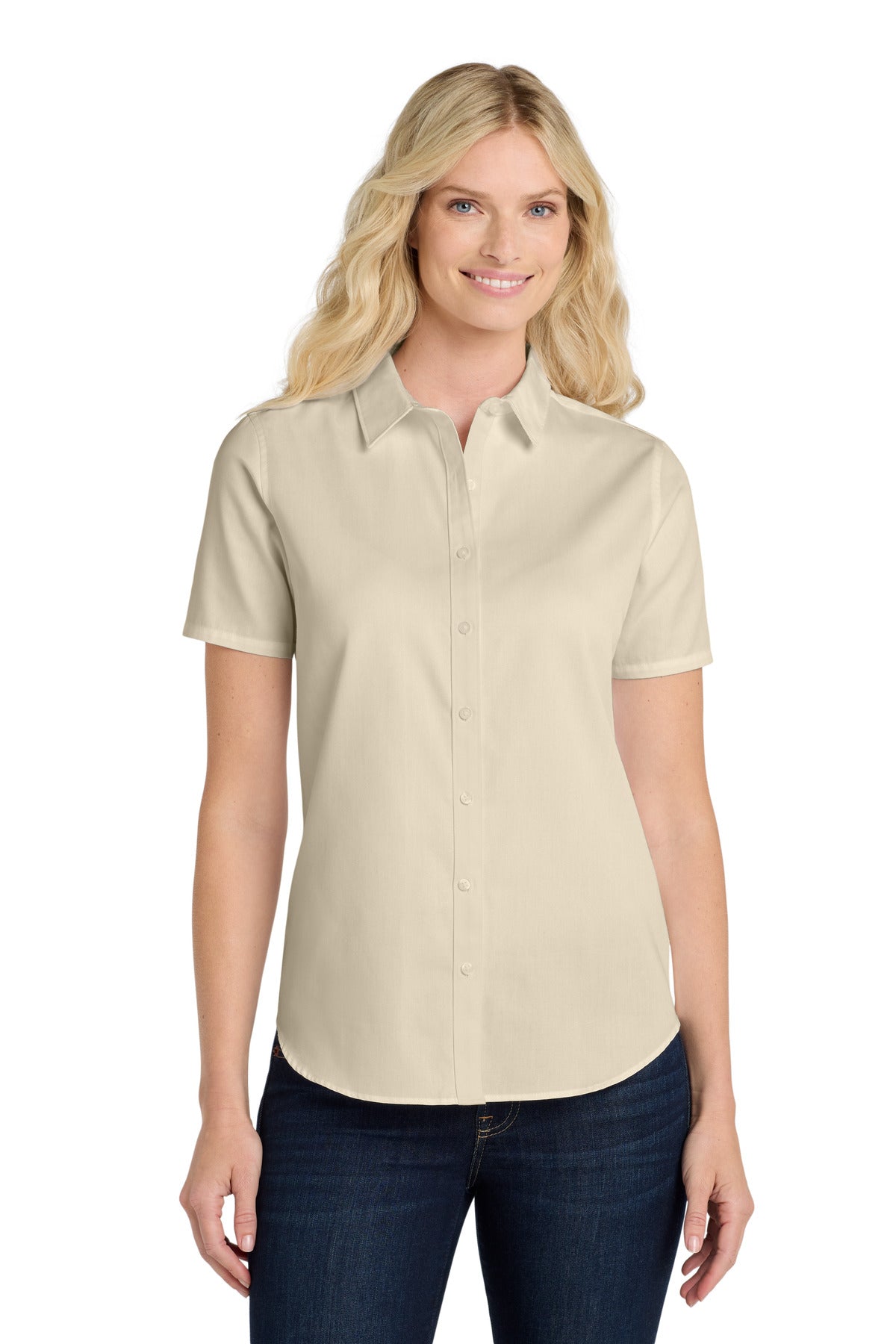 Front View of Ecru Port Authority Women's Short Sleeve SuperPro React Twill Shirt. LW809