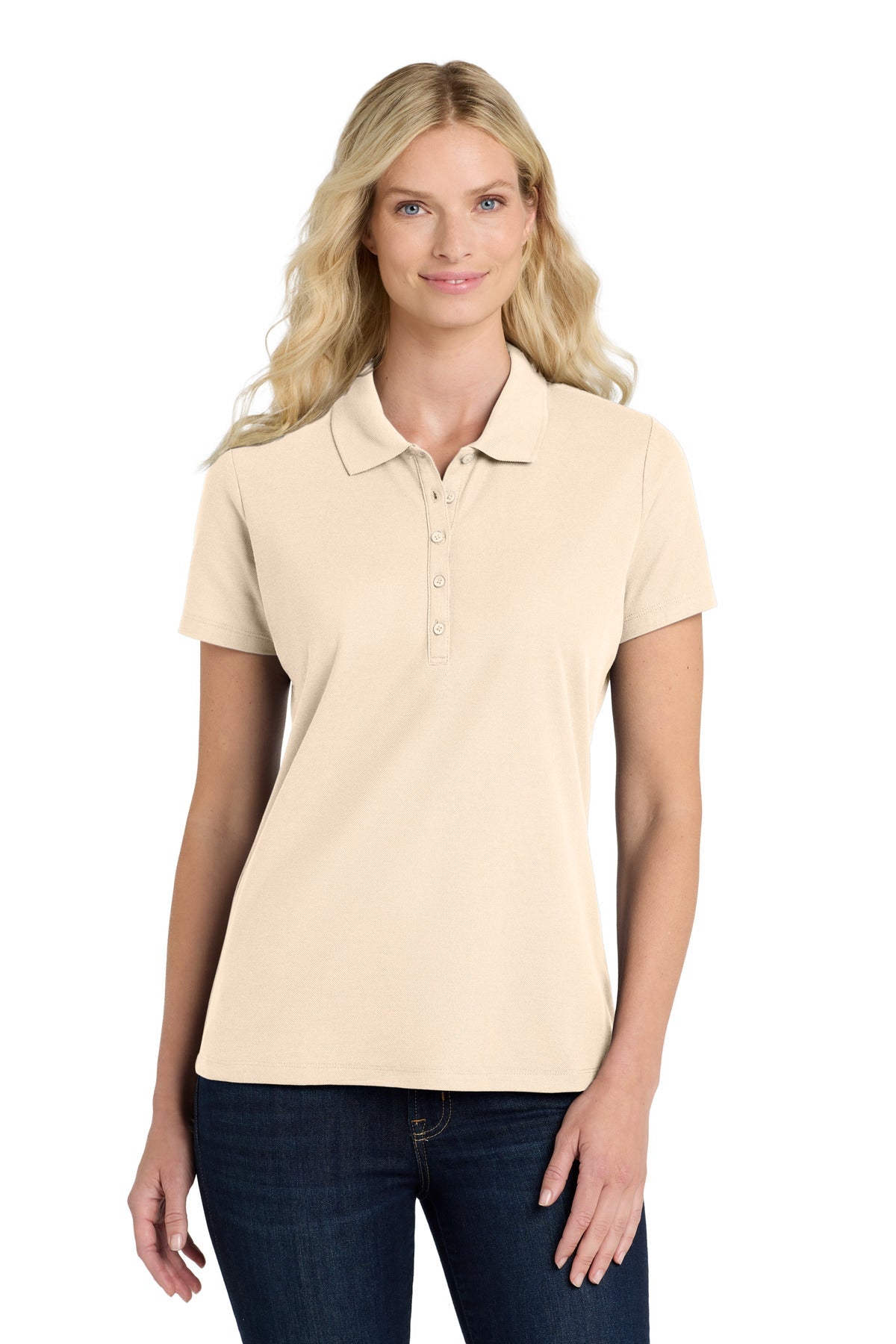 Front View of Ecru Port Authority Women's SuperPro React Polo. LK810