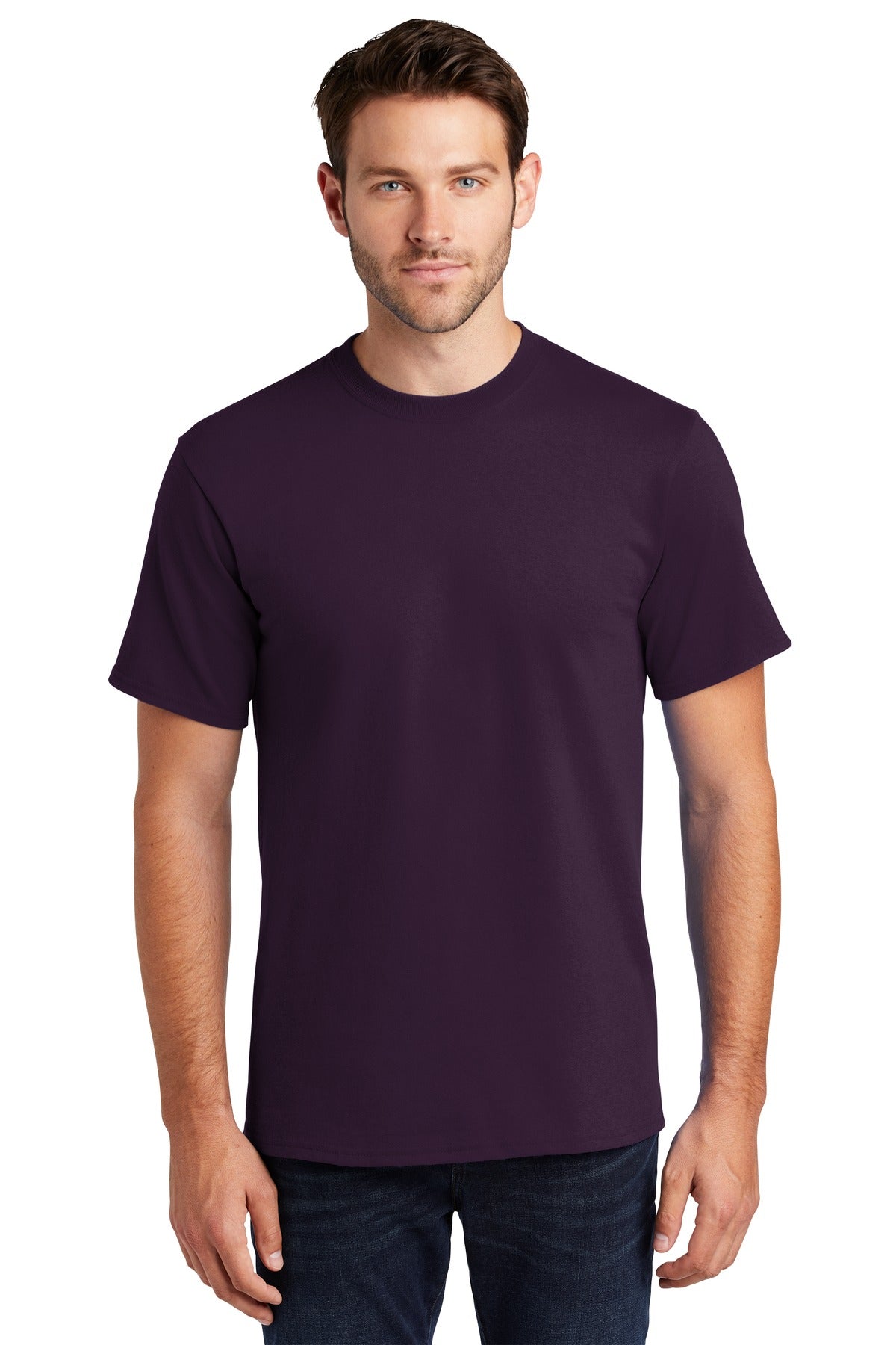 Front View of Eggplant Port & Co Tall Essential Tee. PC61T