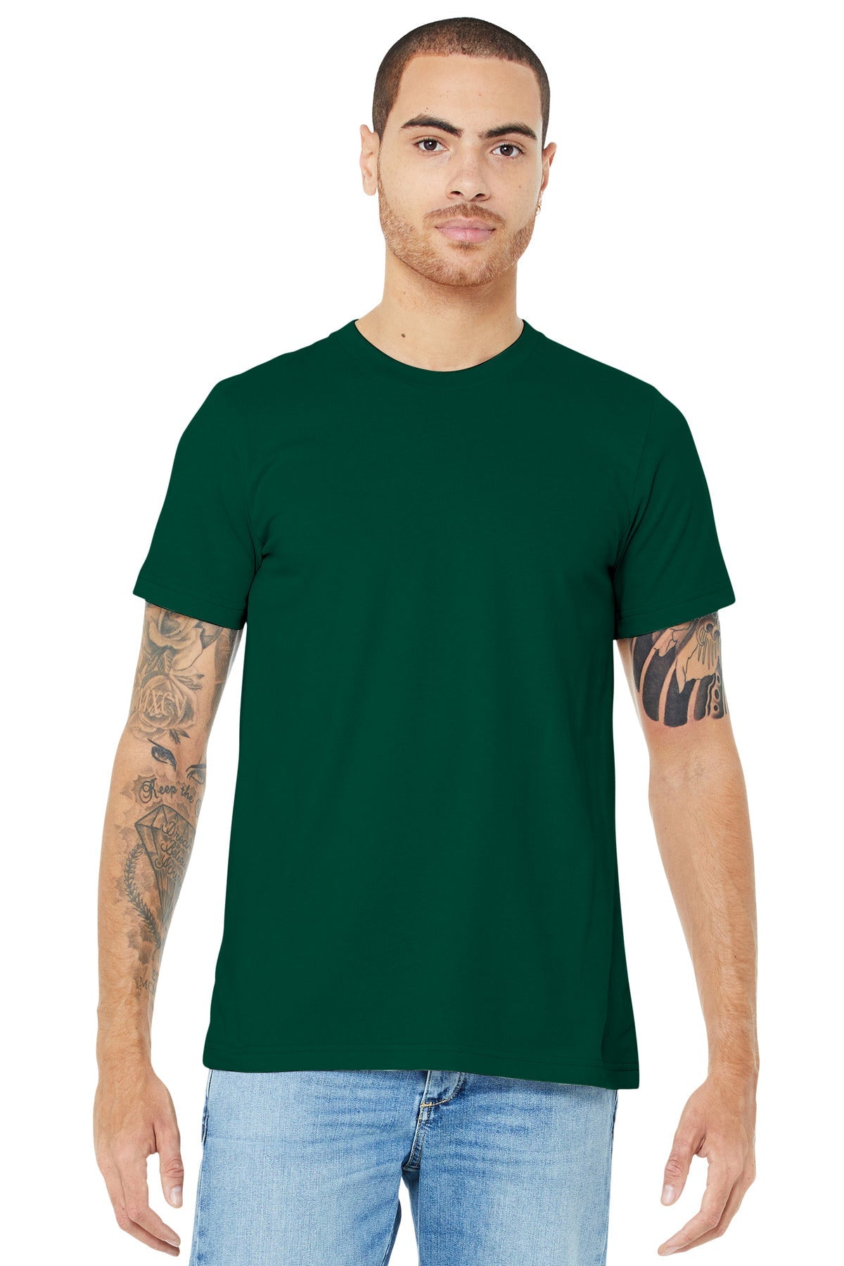 Front View of Evergreen BELLA+CANVAS Unisex Jersey Short Sleeve Tee. BC3001