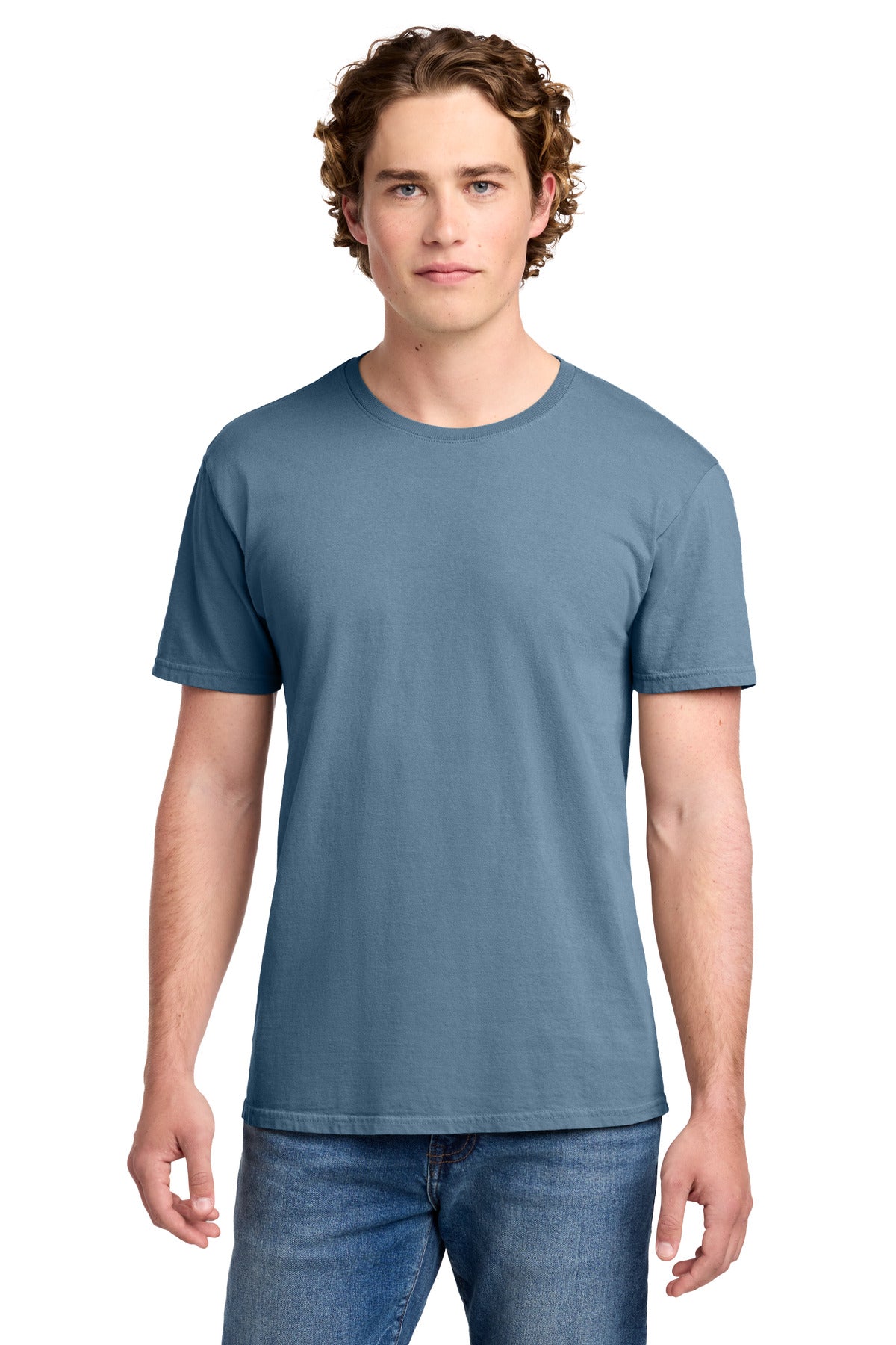 Front View of FadedDenim Port & Co Beach Wash Garment-Dyed Tee. PC099