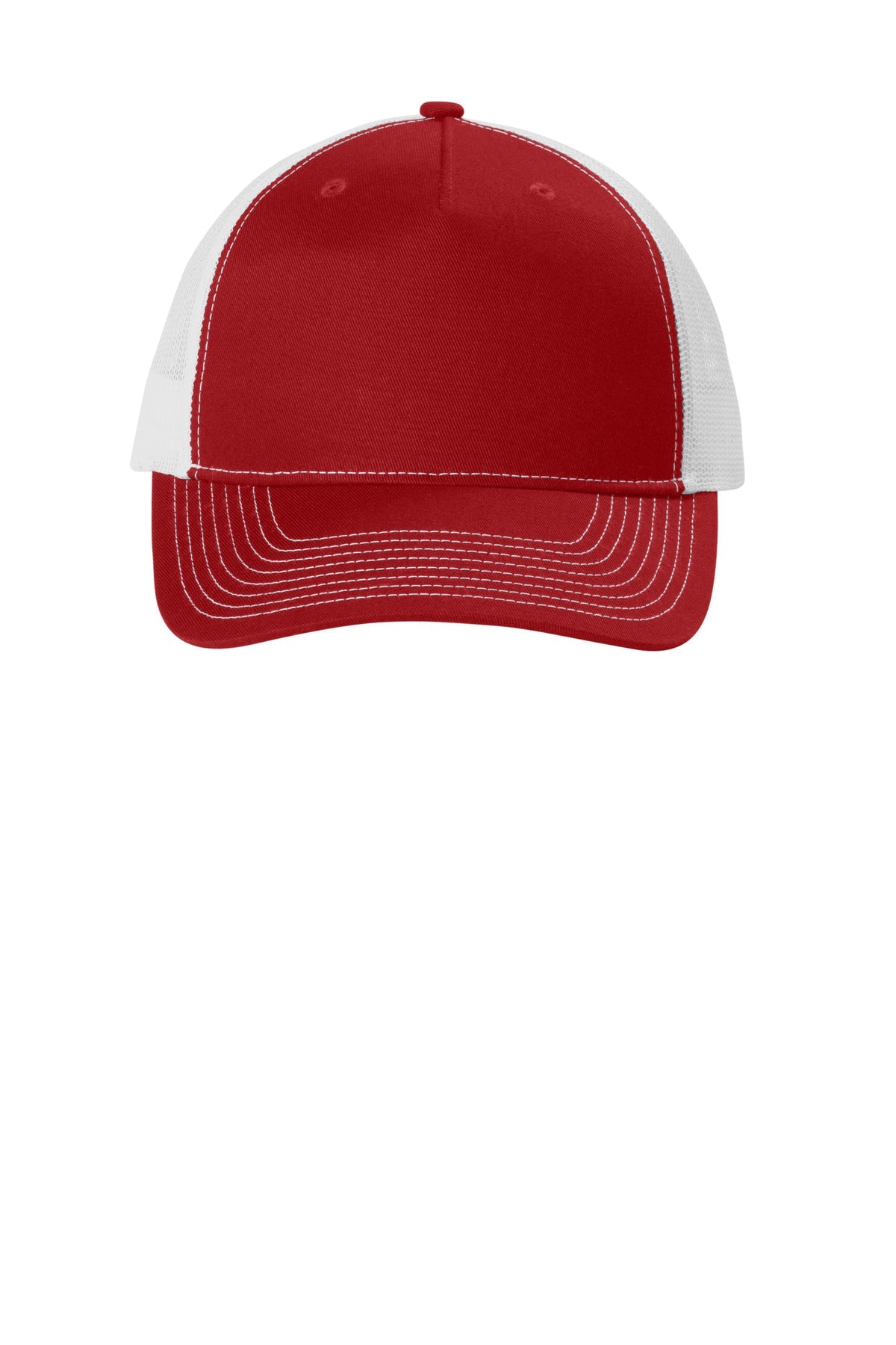 Front View of FlameRd/Wh Port Authority Snapback Five-Panel Trucker Cap C405