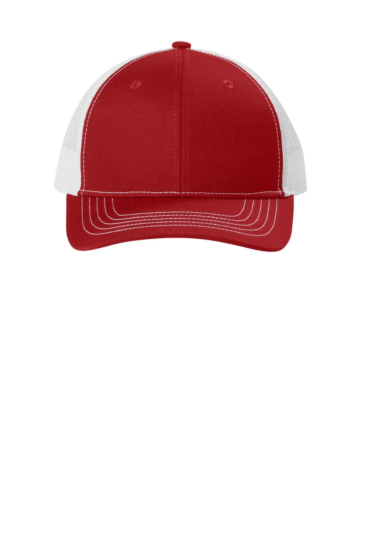 Front View of FlameRd/Wh Port Authority Youth Snapback Trucker Cap YC402