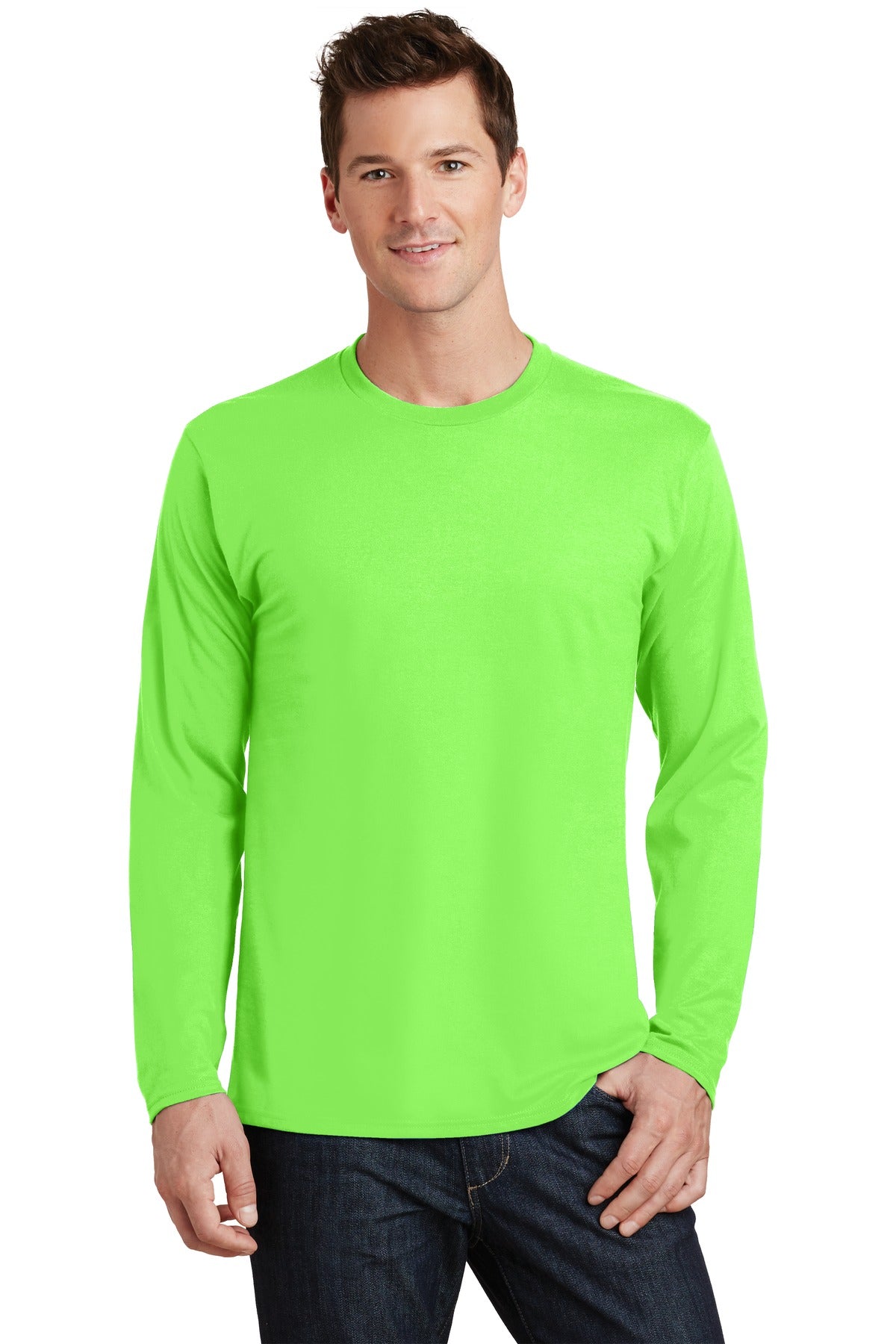 Front View of Flash Green Port & Co Long Sleeve Fan Favorite Tee. PC450LS