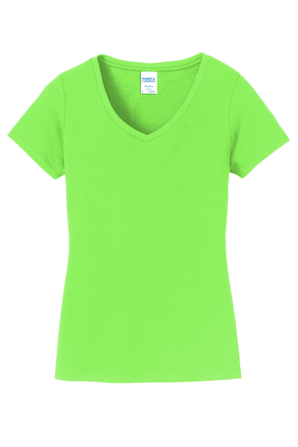 Front View of Flash Green Port & Co Women's Fan Favorite V-Neck Tee. LPC450V