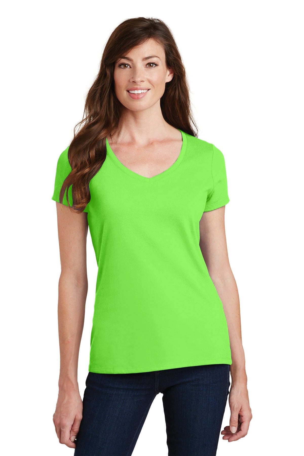 Front View of Flash Green Port & Co Women's Fan Favorite V-Neck Tee. LPC450V