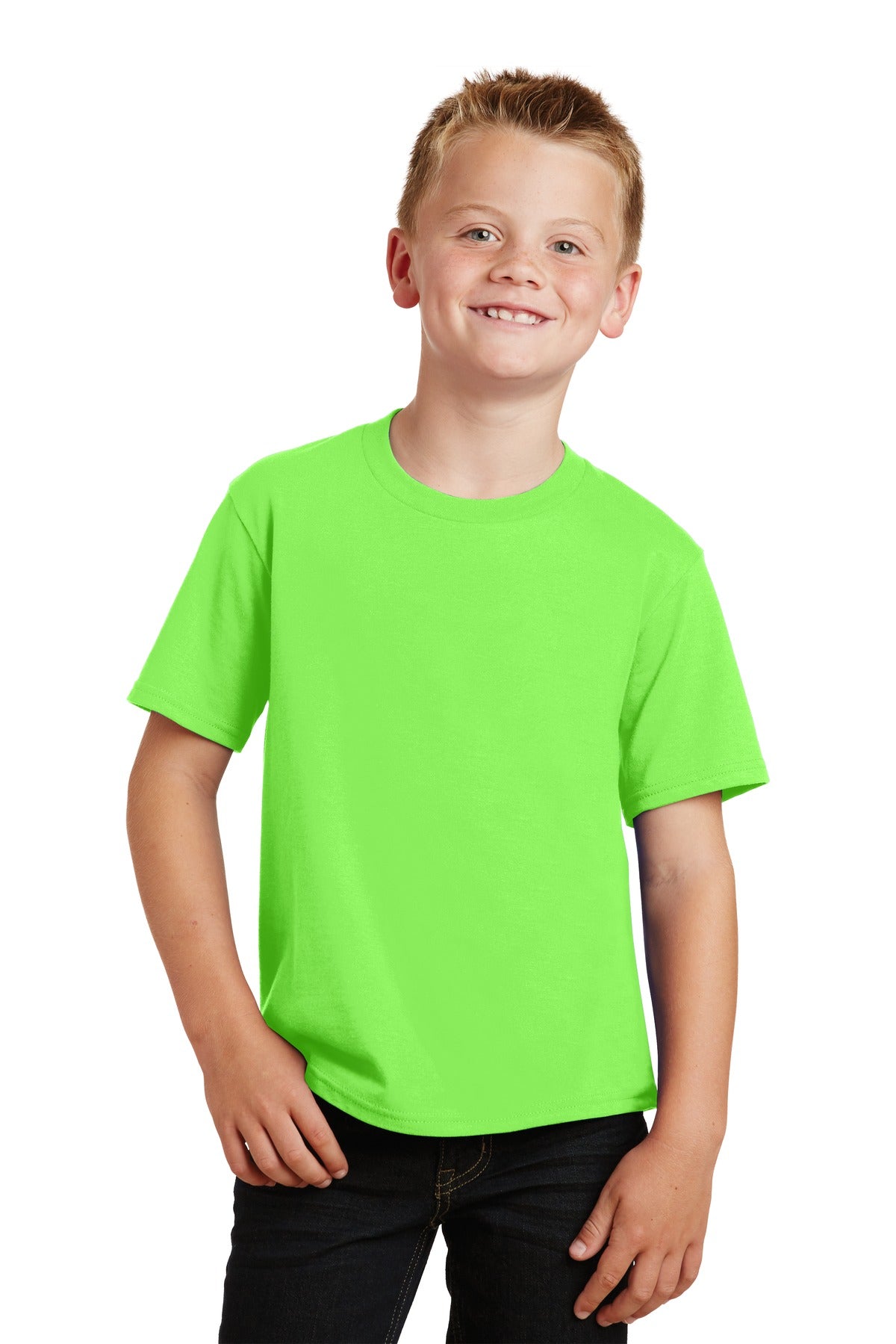 Front View of Flash Green Port & Co Youth Fan Favorite Tee. PC450Y