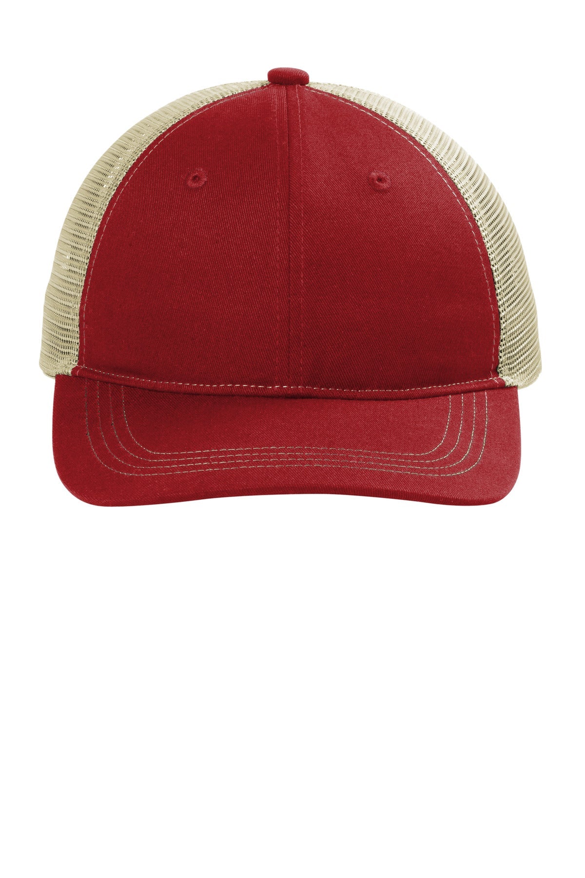 Front View of FlmRed/Tan Port Authority Unstructured Snapback Trucker Cap C409