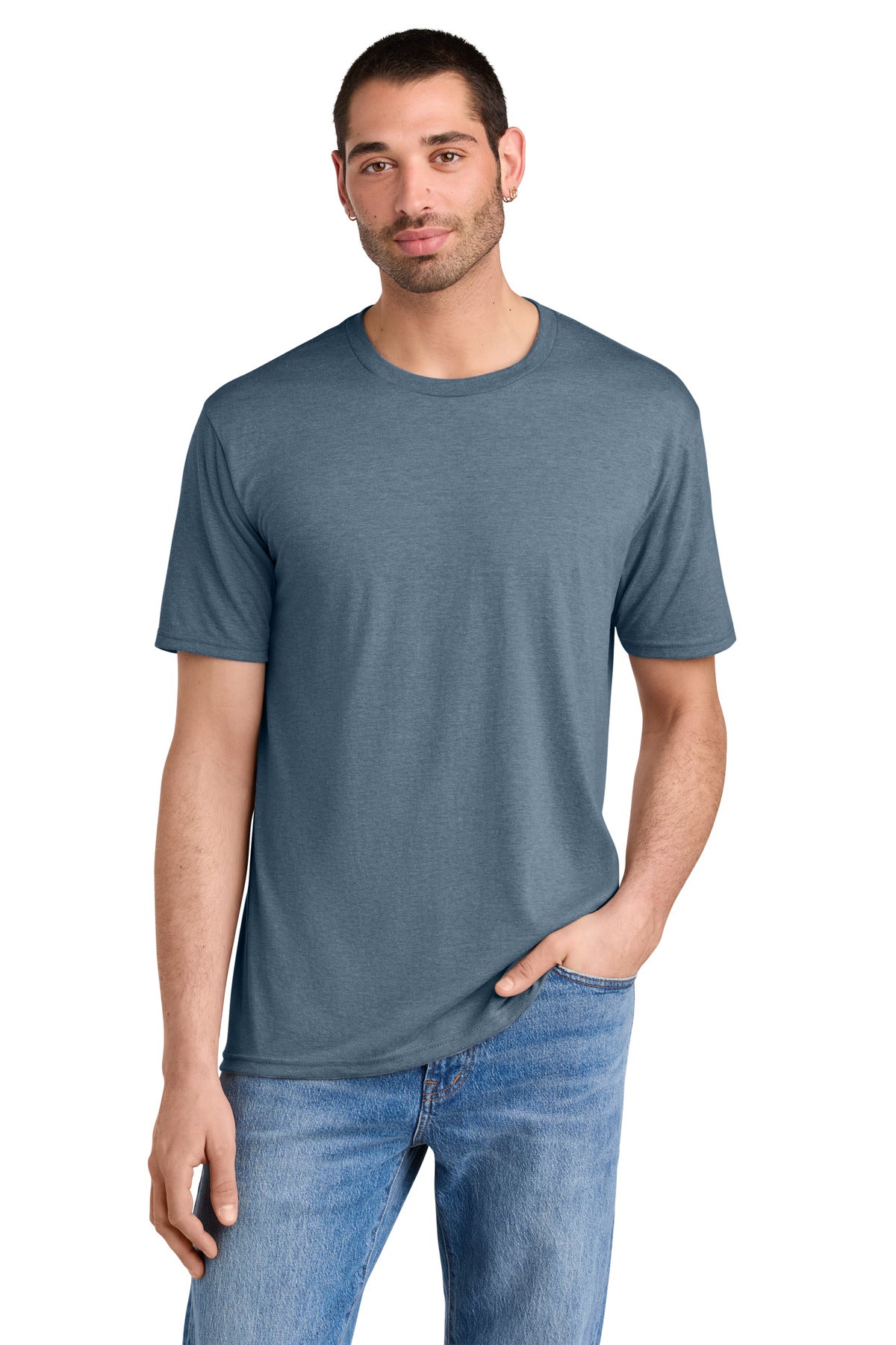 Front View of FlntBluHtr District Perfect Tri Tee. DM130