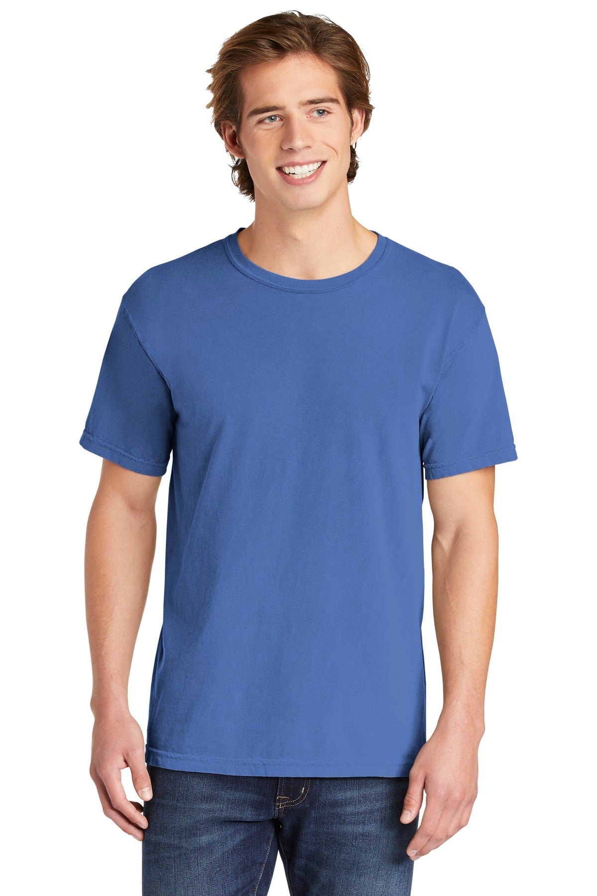 Front View of Flo Blue COMFORT COLORS Heavyweight Ring Spun Tee. 1717
